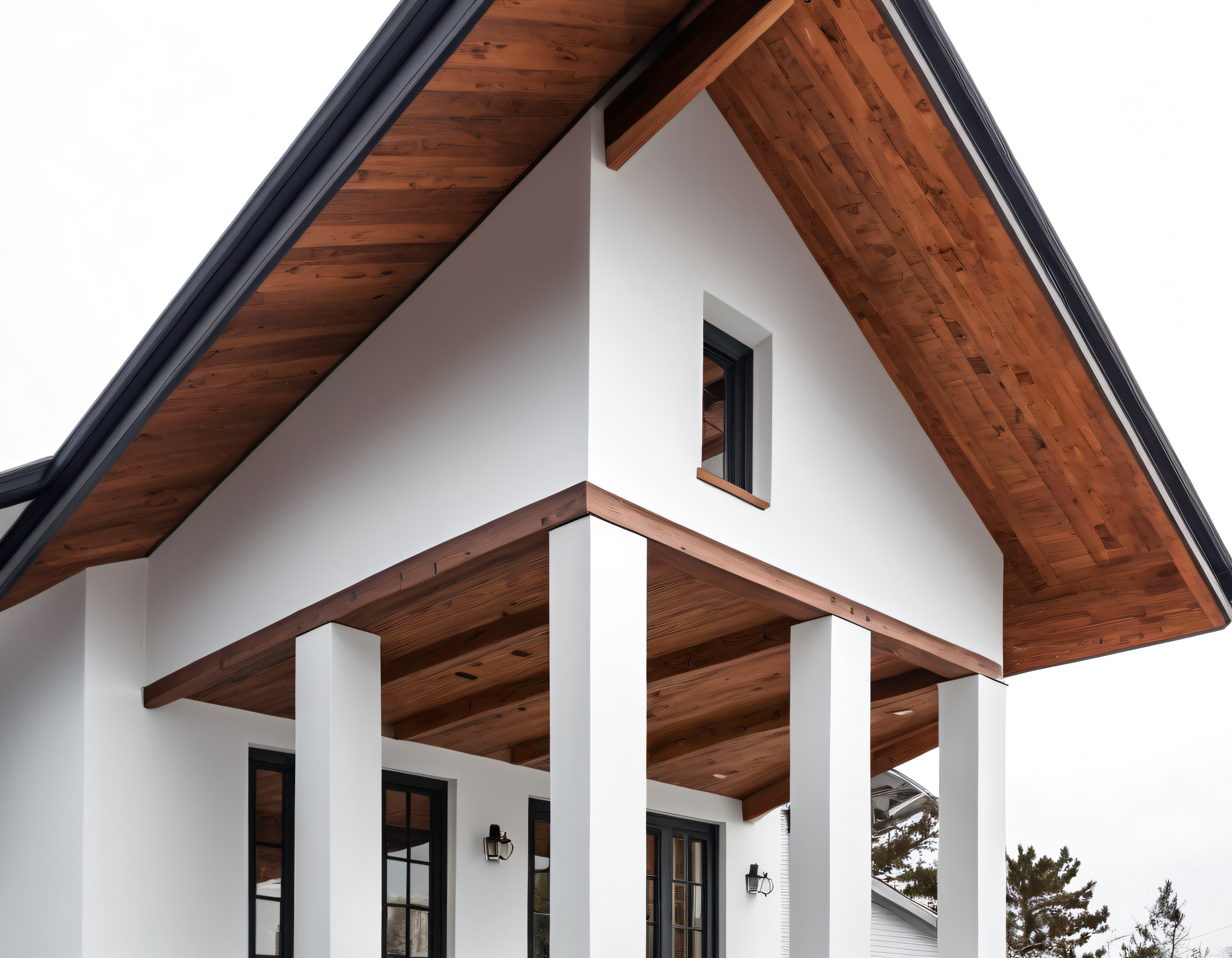 Beyaz Cepheli Modern Villanın Ahşap Tavan ve Siyah Çatı Detayları