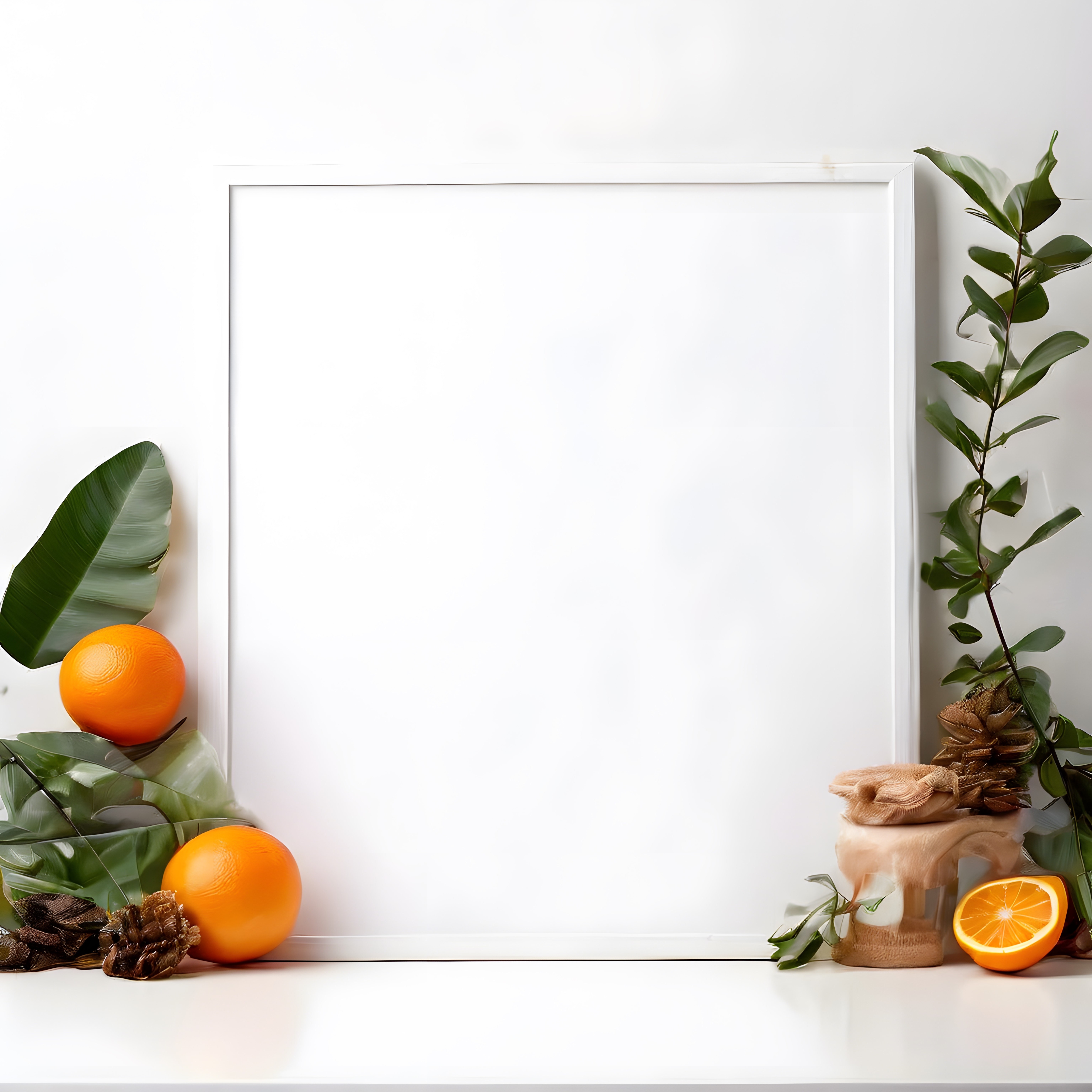 Beyaz Çerçeve Mockup ve Portakallar ile Doğal Ev Dekorasyon Örneği