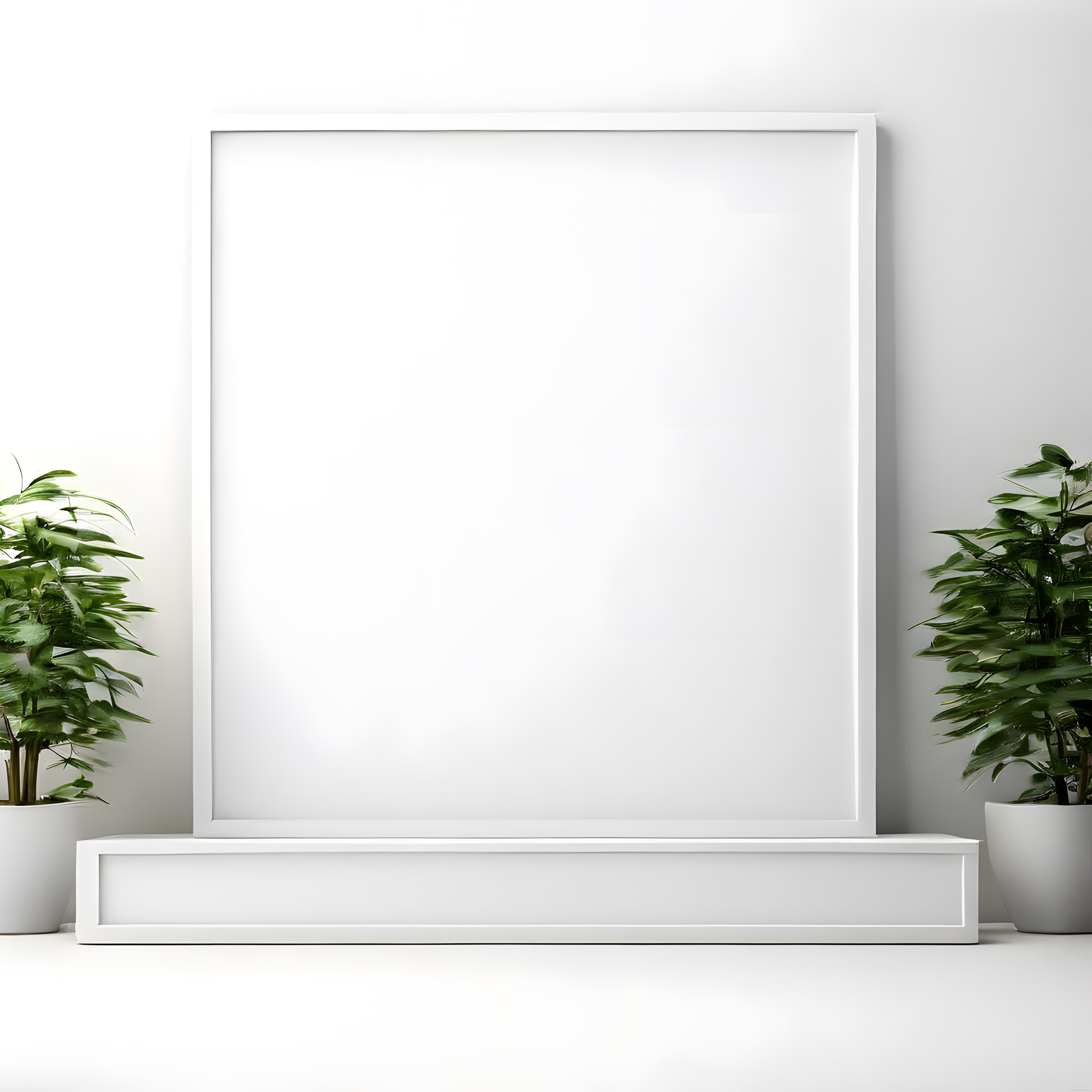 Beyaz Çerçeveli Boş Poster ve Yeşil Bitkilerle Modern Duvar Dekorasyonu