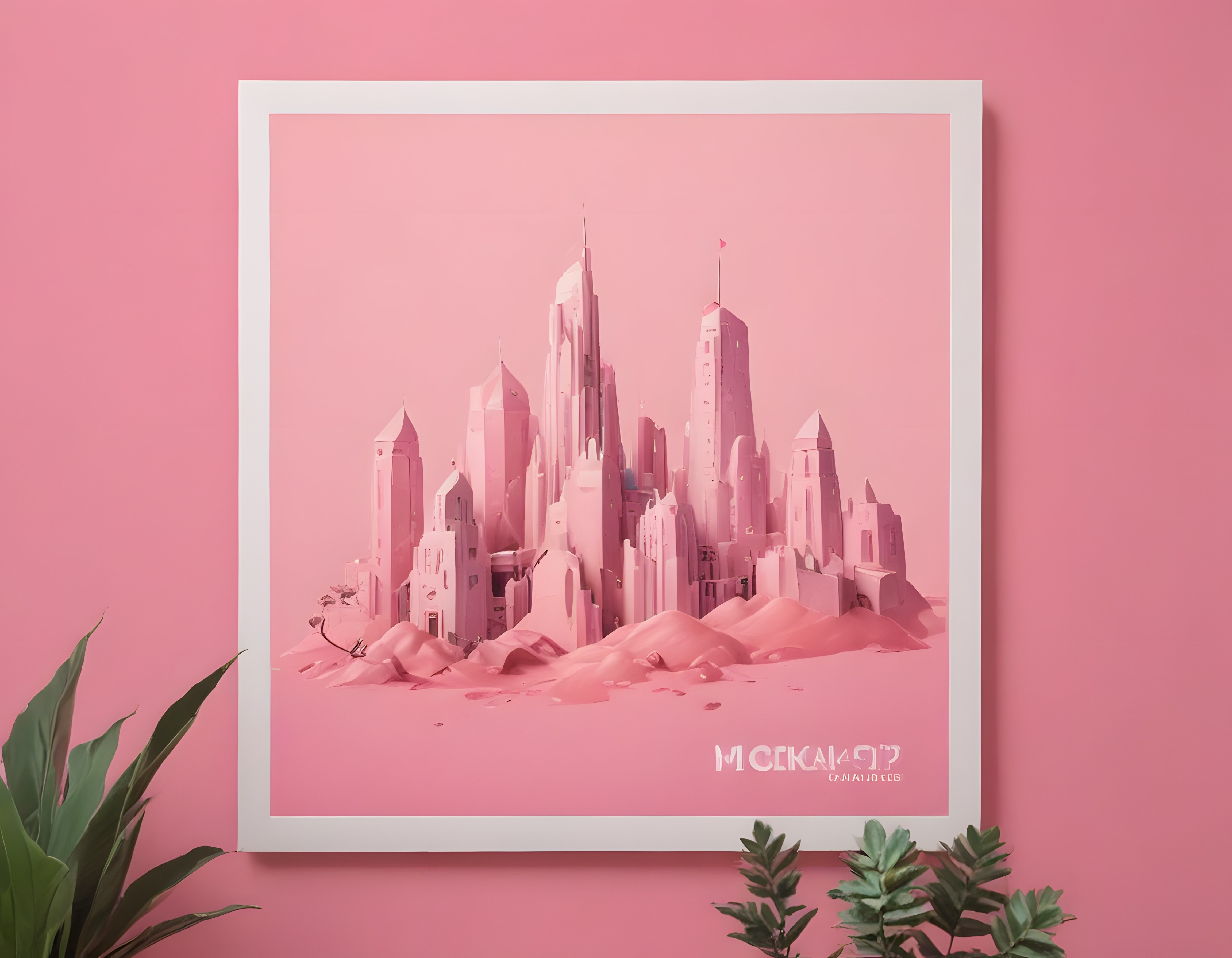 Beyaz Çerçeveli Pembe Fütüristik Şehir Posteri ve Dekoratif Bitki Düzenlemesi