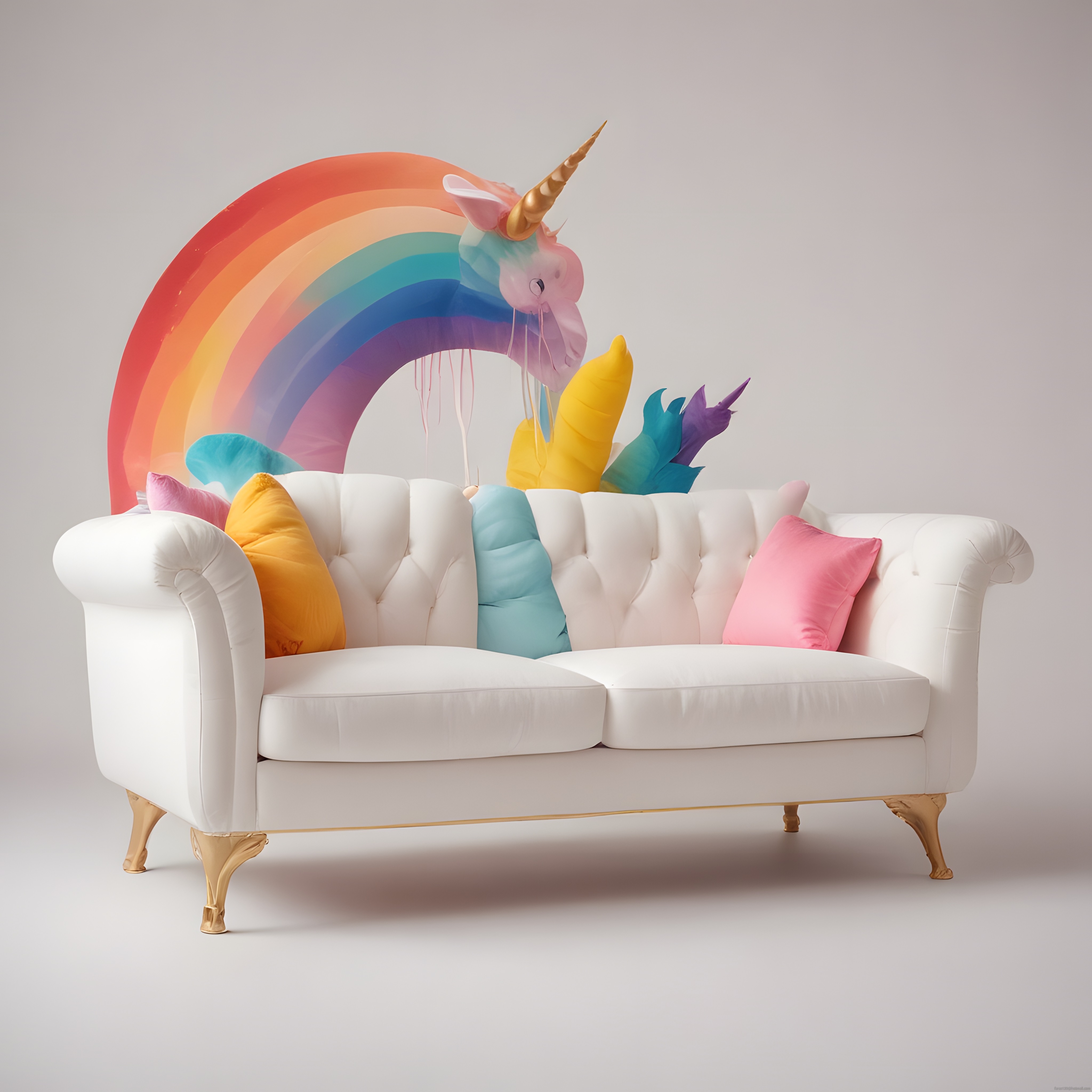 Beyaz Chester Kanepe Üzerinde Gökkuşağı ve Unicorn Temalı Renkli Dekorasyon