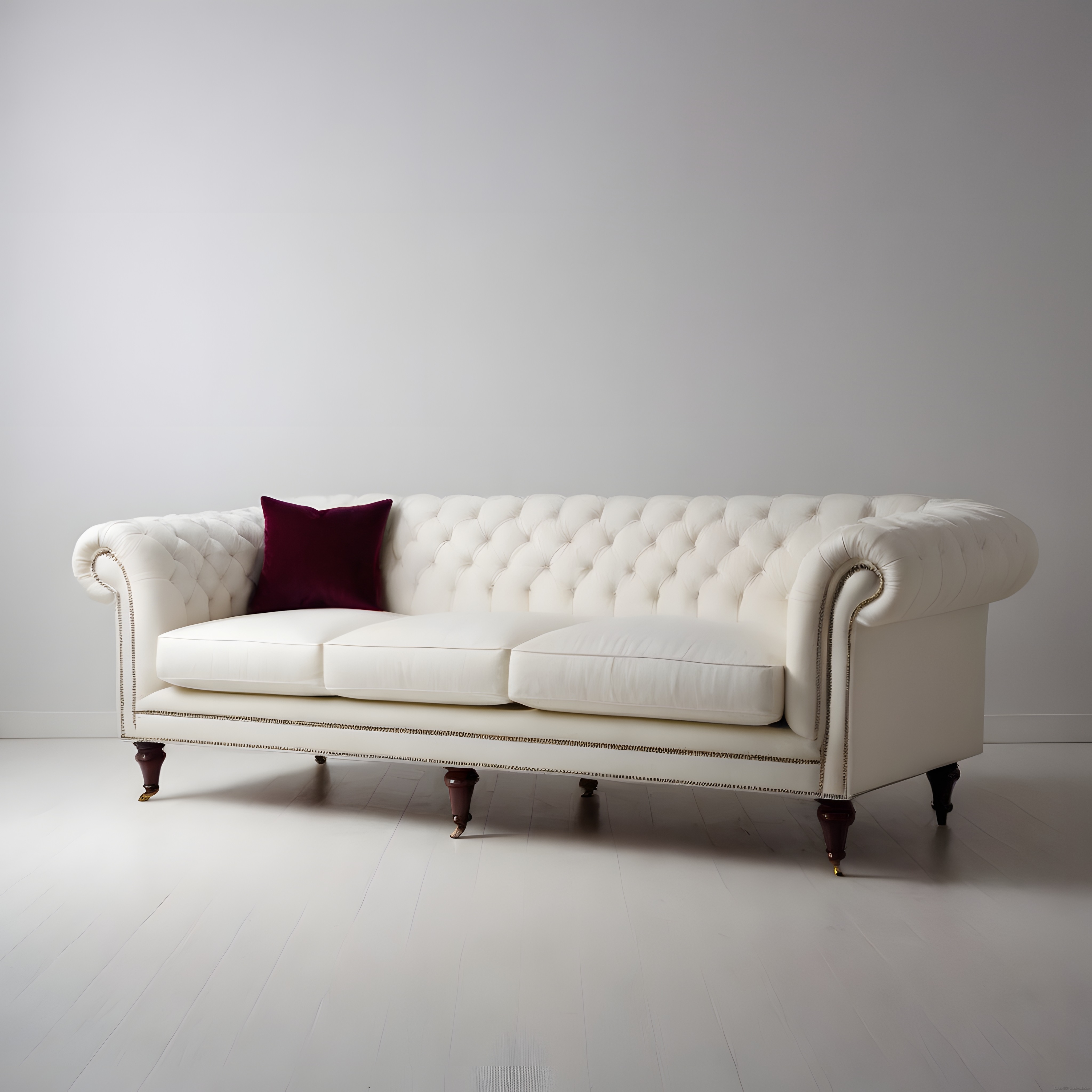 Beyaz Chesterfield Kanepe ve Bordo Yastık ile Minimalist İç Mekan Stili