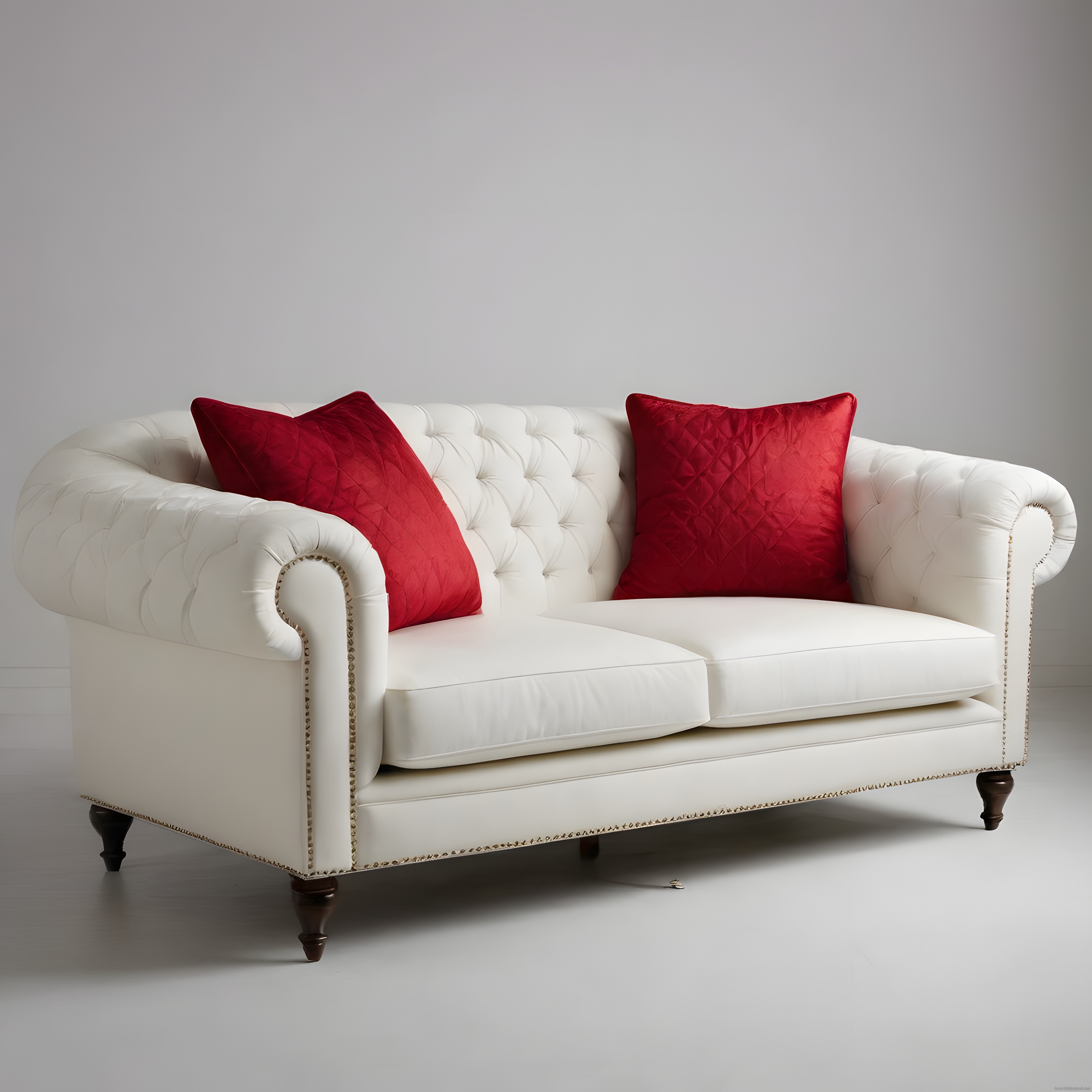 Beyaz Chesterfield Kanepe ve Kırmızı Yastıklar ile Şık Salon Dekorasyonu