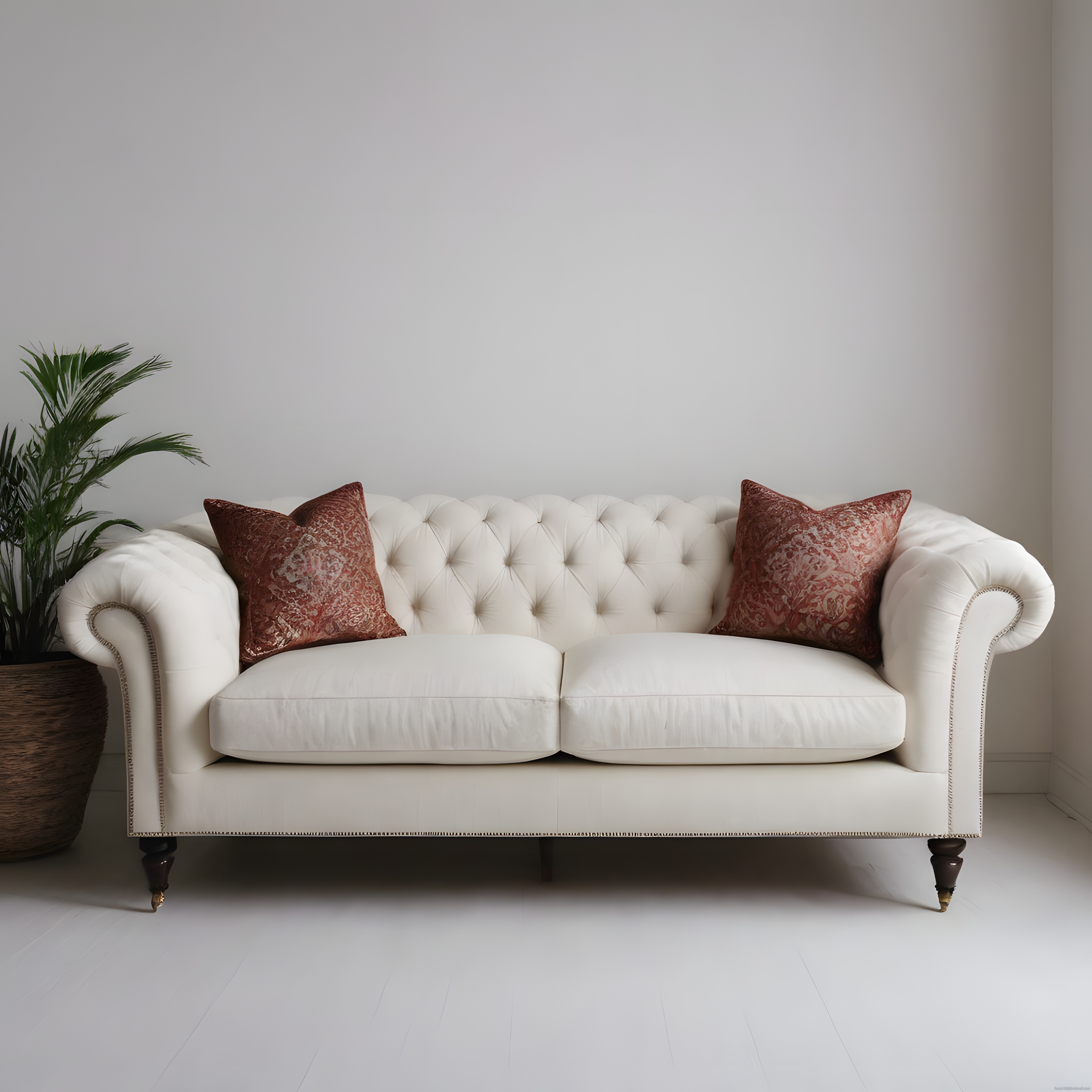 Beyaz chesterfield kanepe ve kırmızı yastıklarla şık salon dekorasyonu