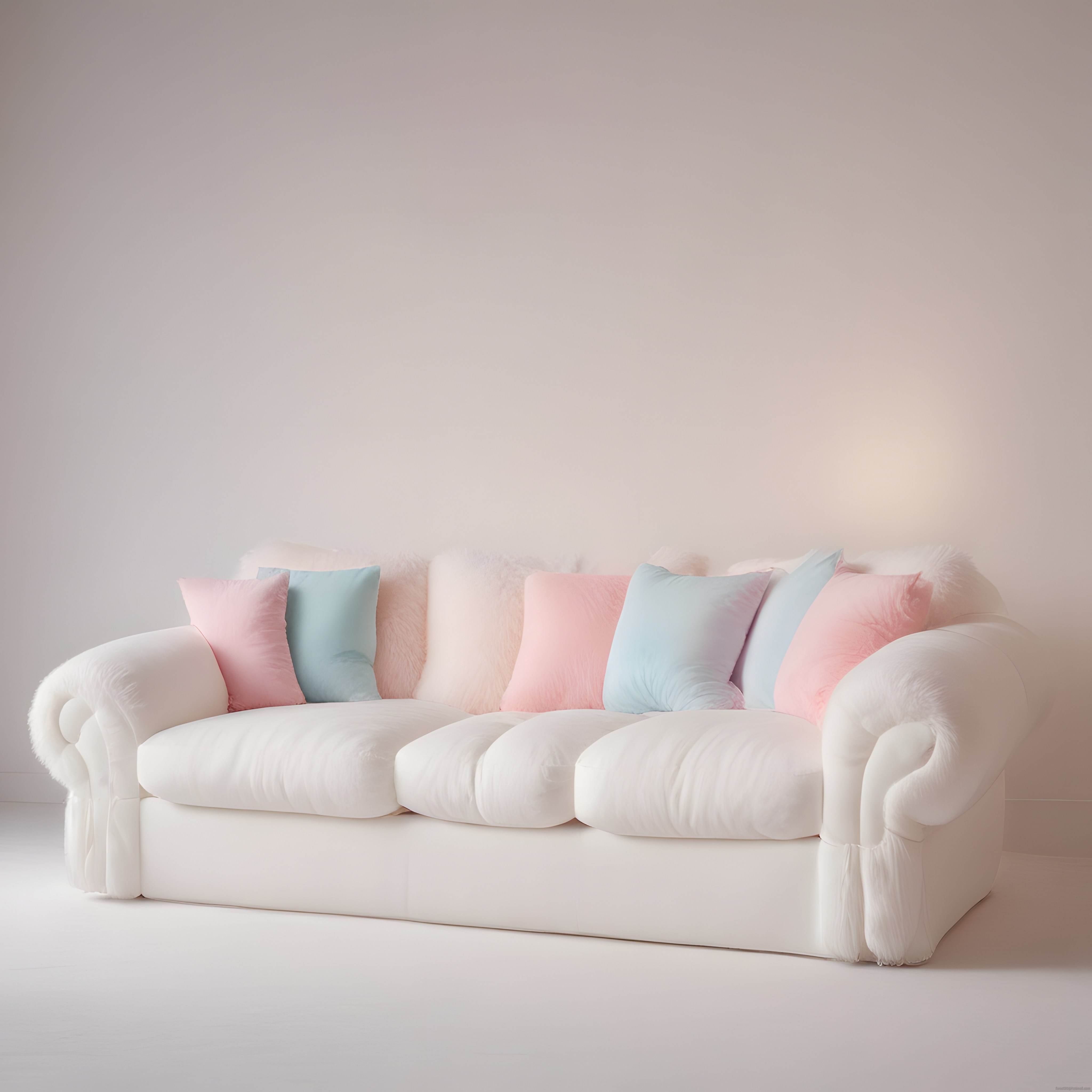 Beyaz Chesterfield Kanepe ve Pastel Mavi Pembe Yastıklarla Minimal Salon