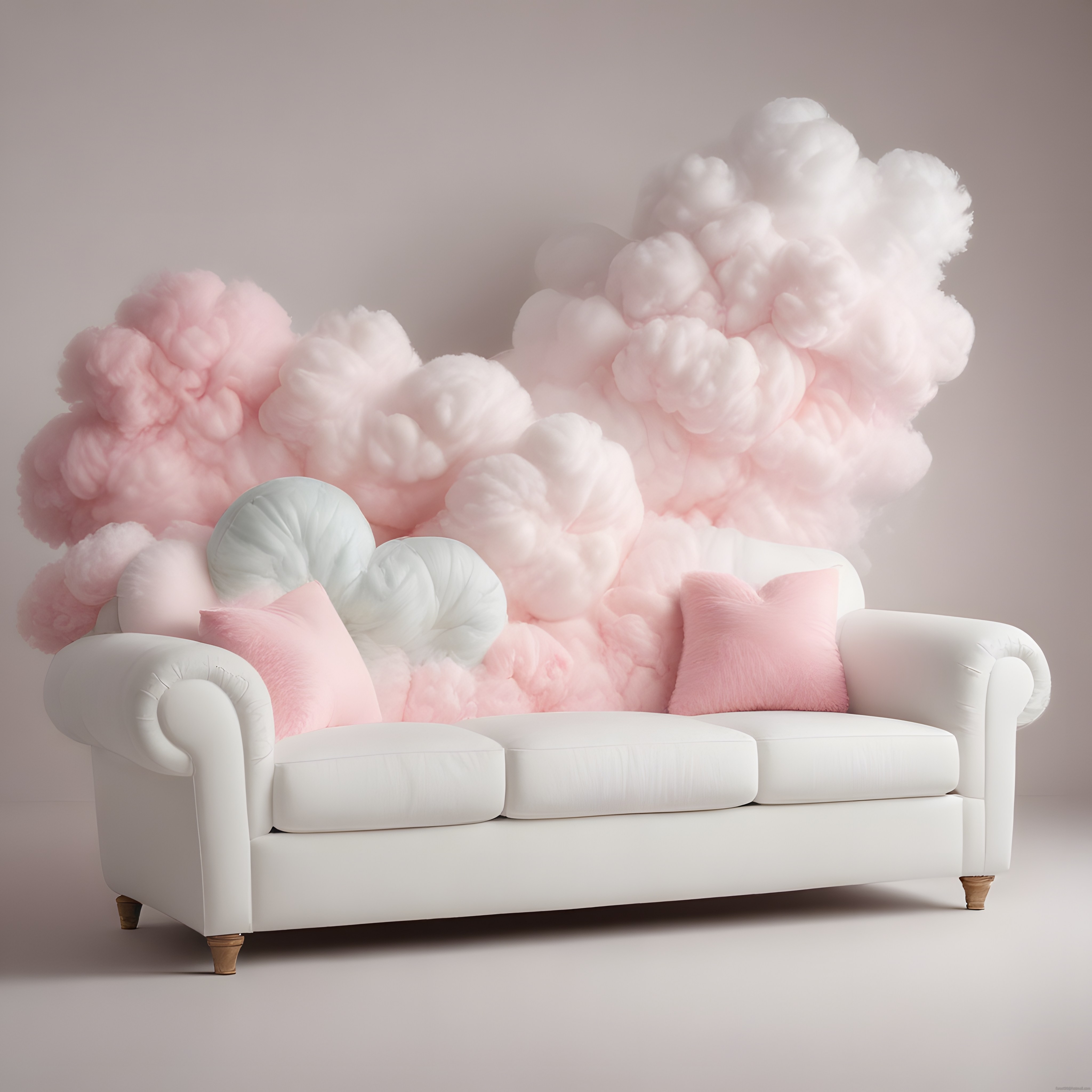 Beyaz chesterfield kanepe ve pastel pembe pamuk şeker bulutlarıyla rüya gibi dekor