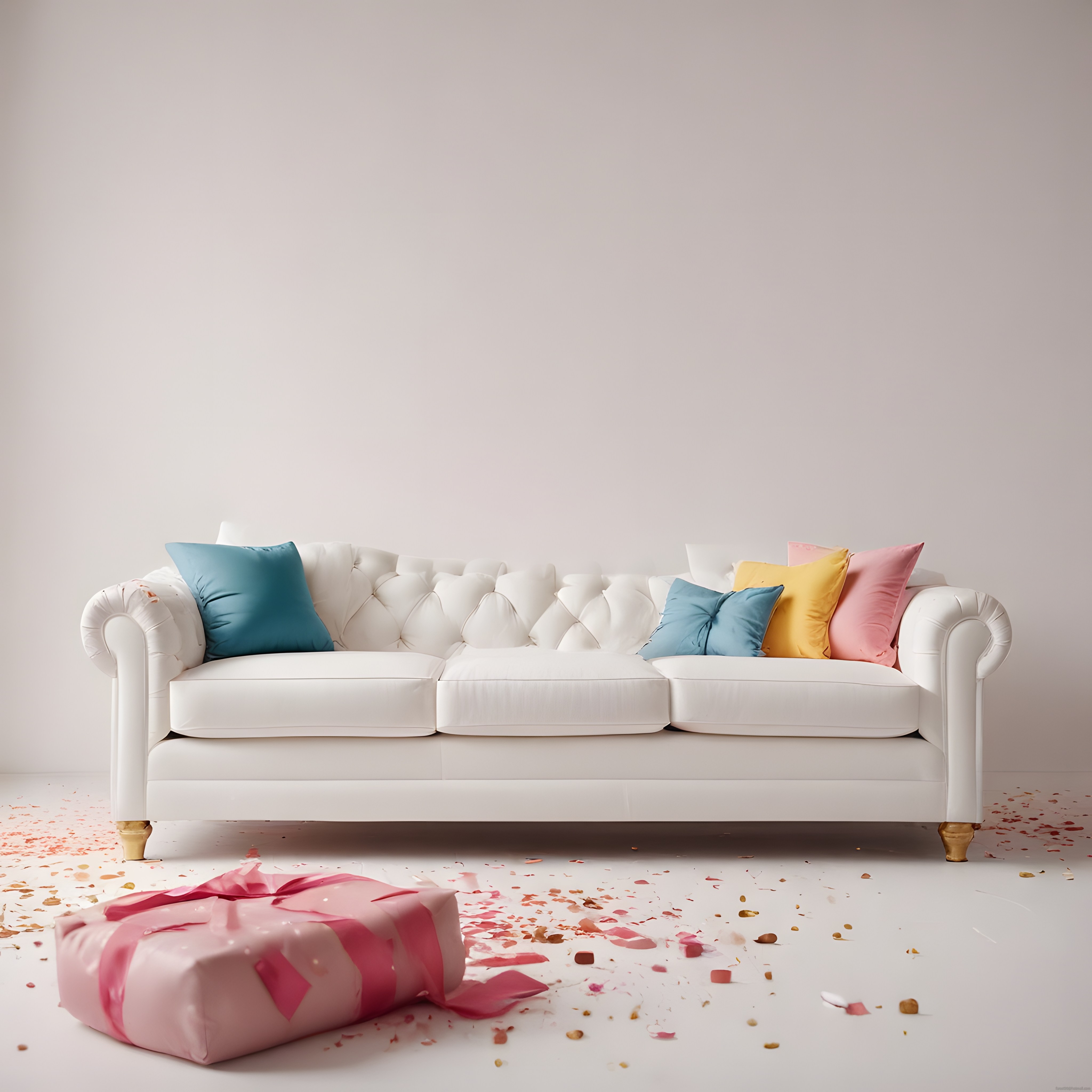Beyaz Chesterfield Kanepe ve Renkli Yastıklarla Şık Salon Dekorasyonu