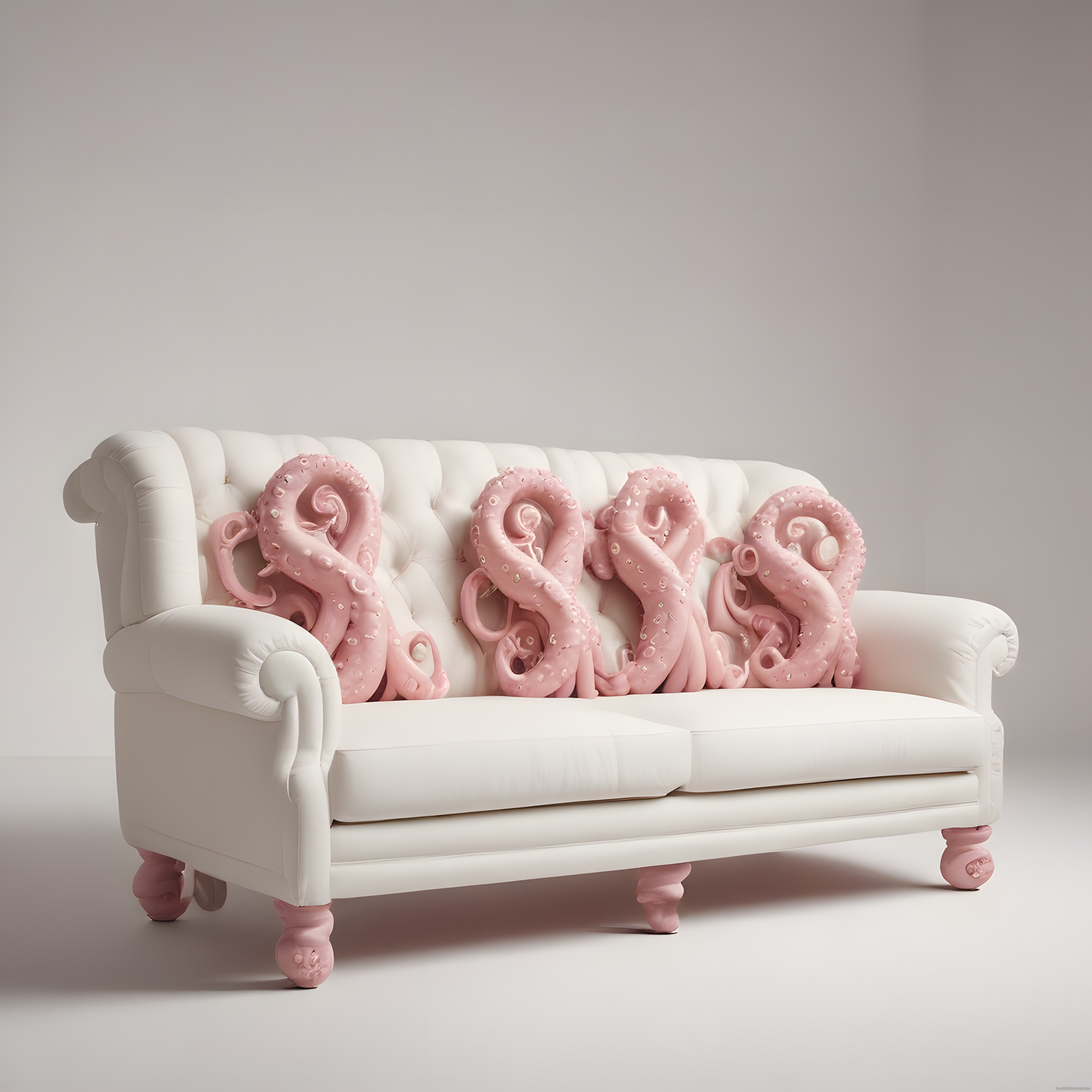 Beyaz Chesterfield Kanepe ve Üzerindeki Pembe Ahtapot Dokunaçları