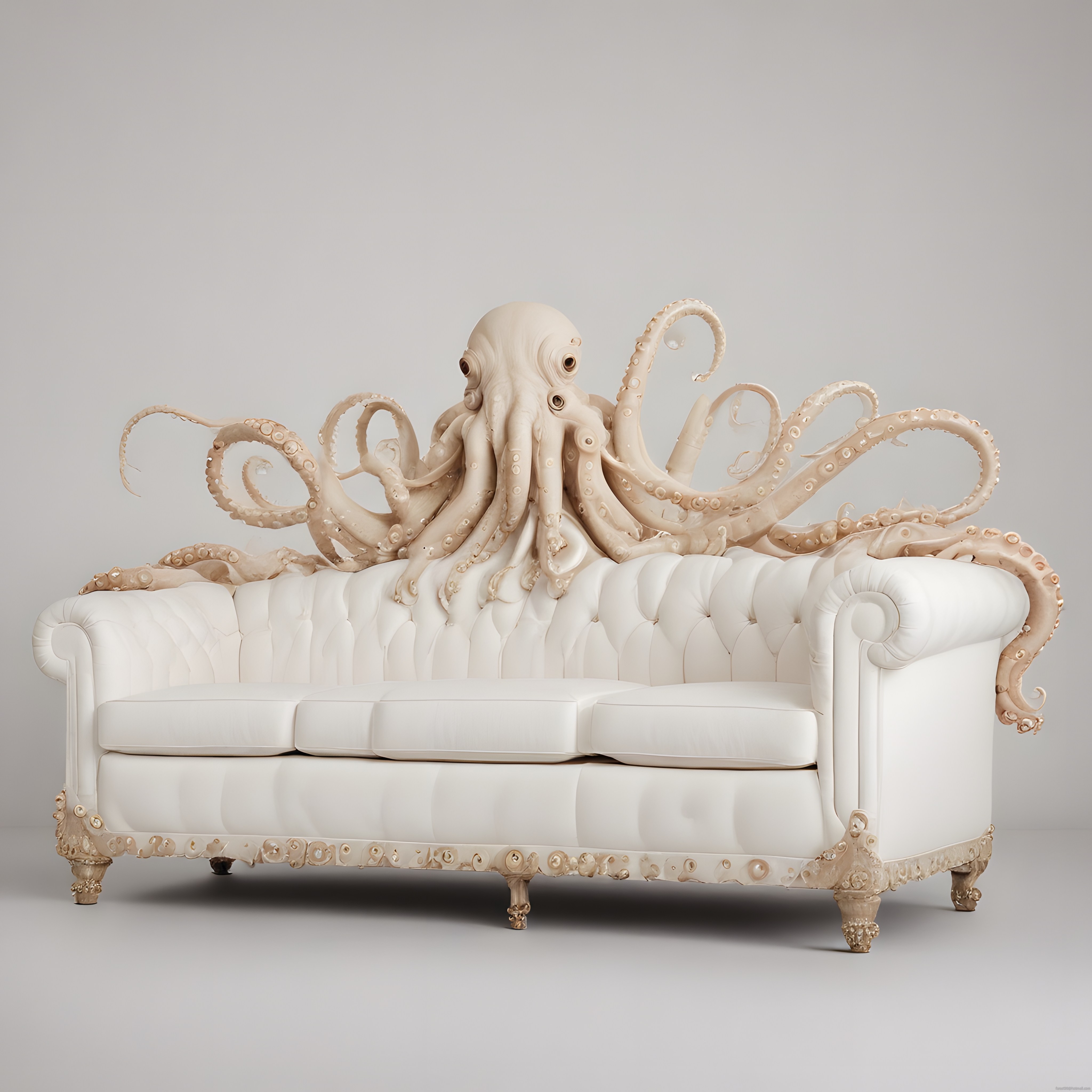 Beyaz Chesterfield Koltuğun Üzerinde Devasa Ahtapot Figürü Dijital Sanat