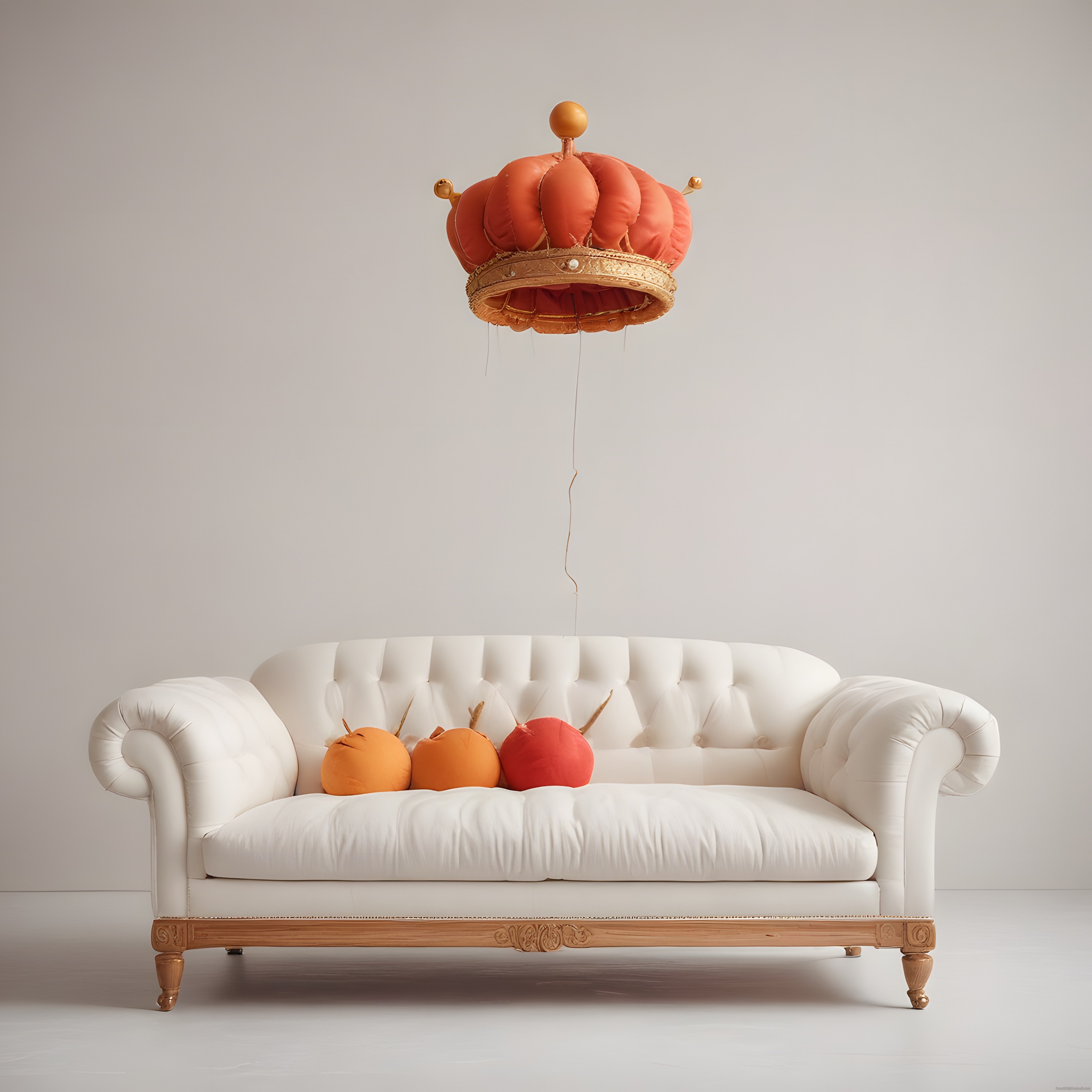 Beyaz Chesterfield Koltuk ve Asılı Altın Detaylı Turuncu Taç Dekorasyon