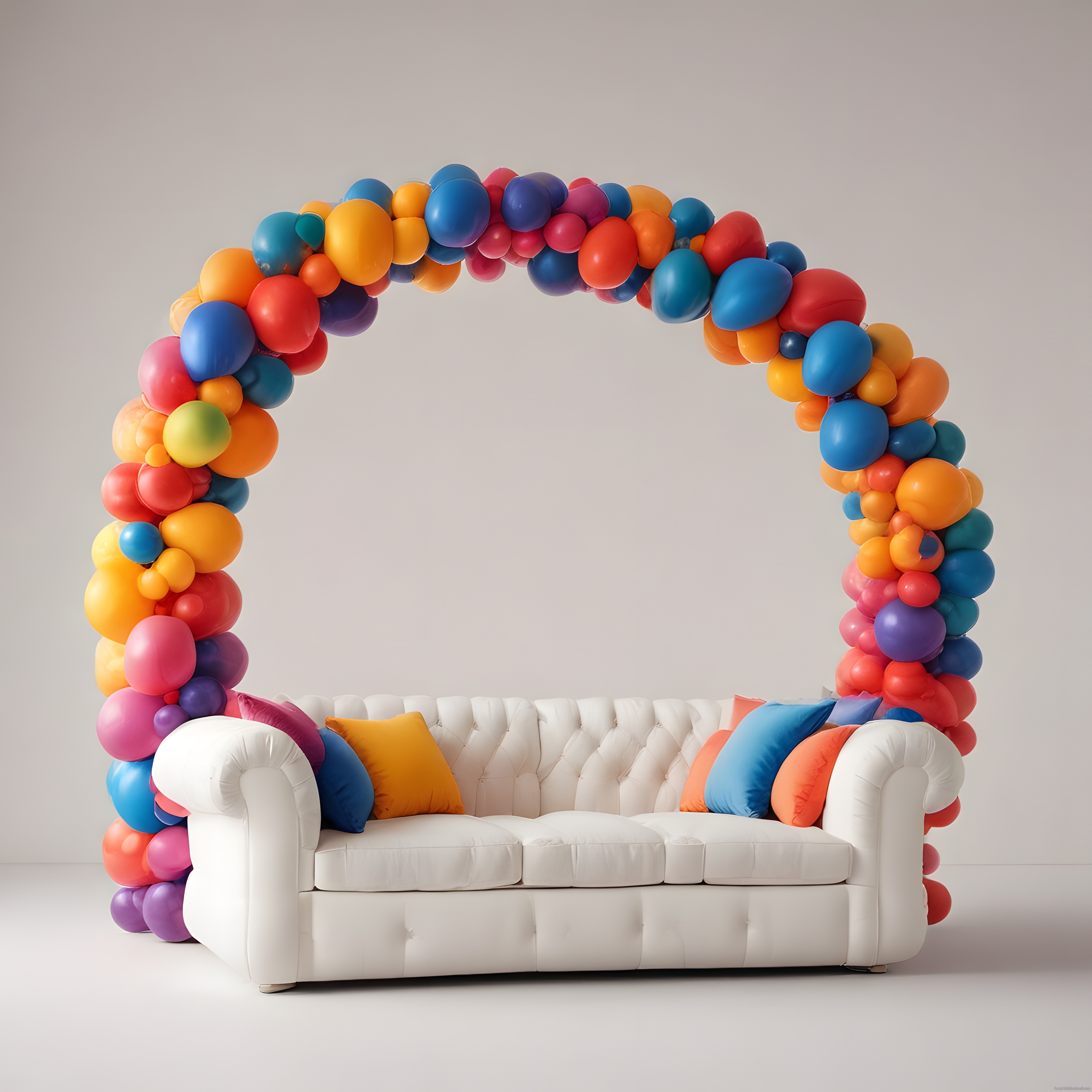 Beyaz Chesterfield Koltuk ve Gökkuşağı Balon Kemerli Modern Parti Dekoru