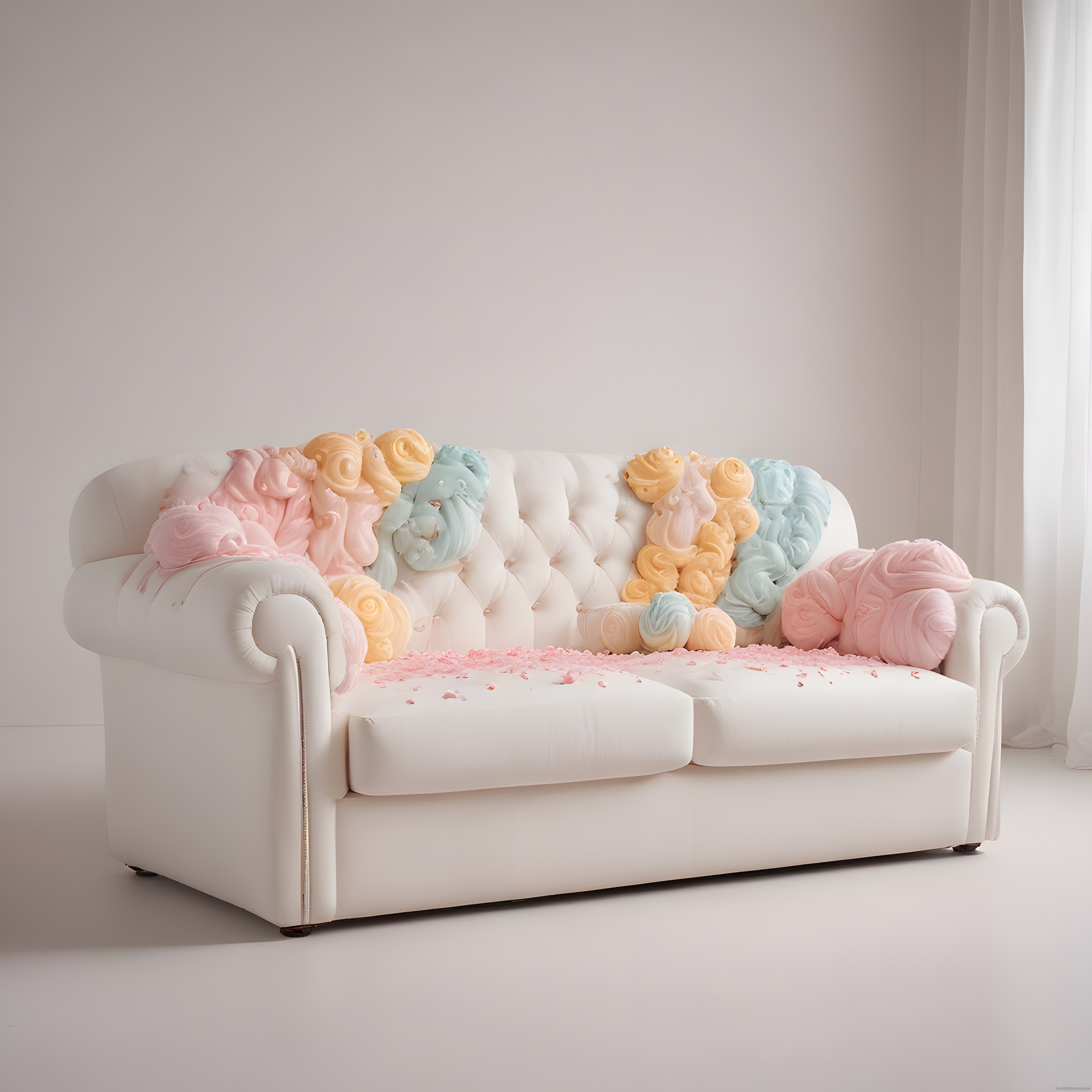 Beyaz Chesterfield Koltuk ve Pastel Gül Desenli Yastıklarla Romantik Salon Dekoru