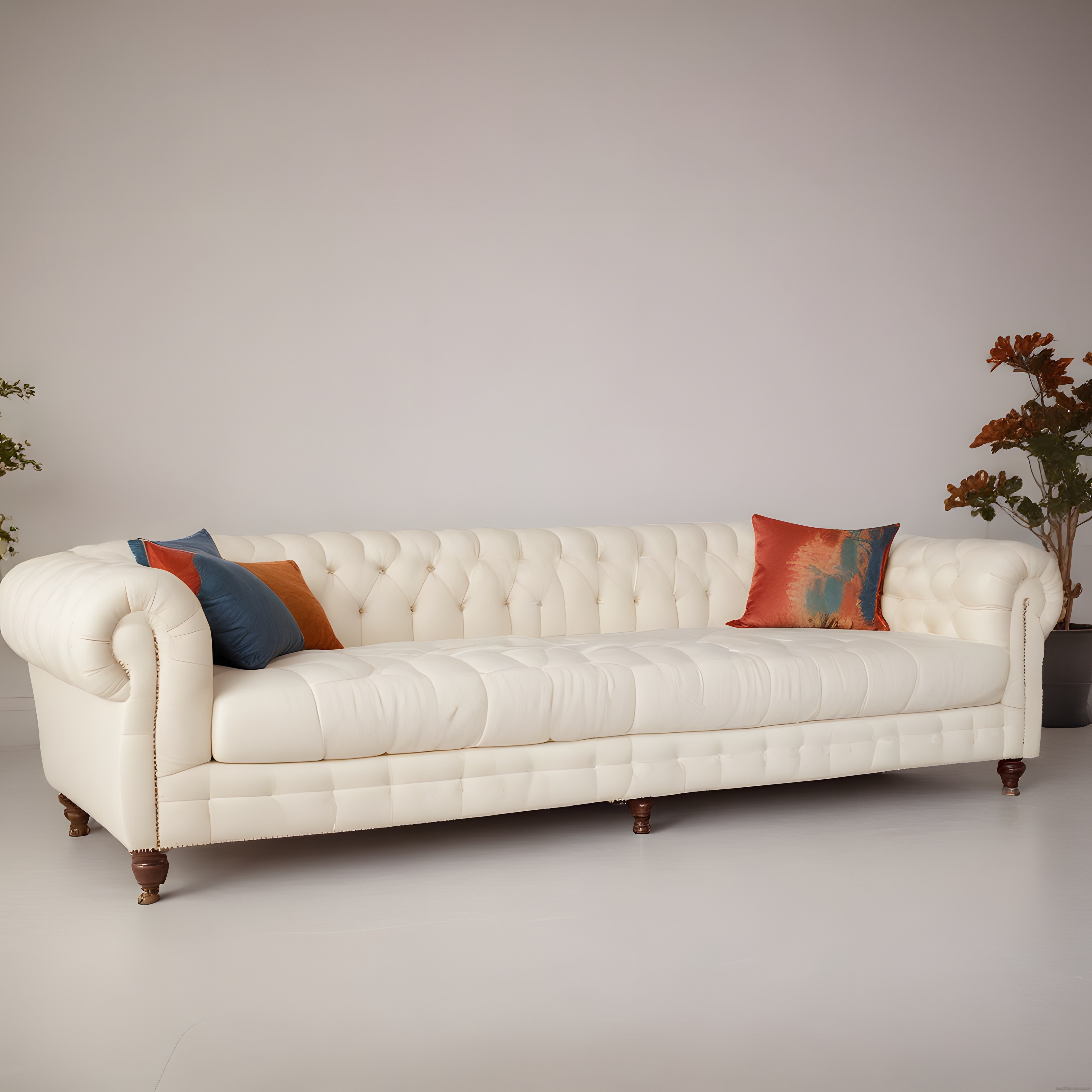 Beyaz Chesterfield Koltuk ve Renkli Yastıklar ile Modern Salon Dekorasyonu