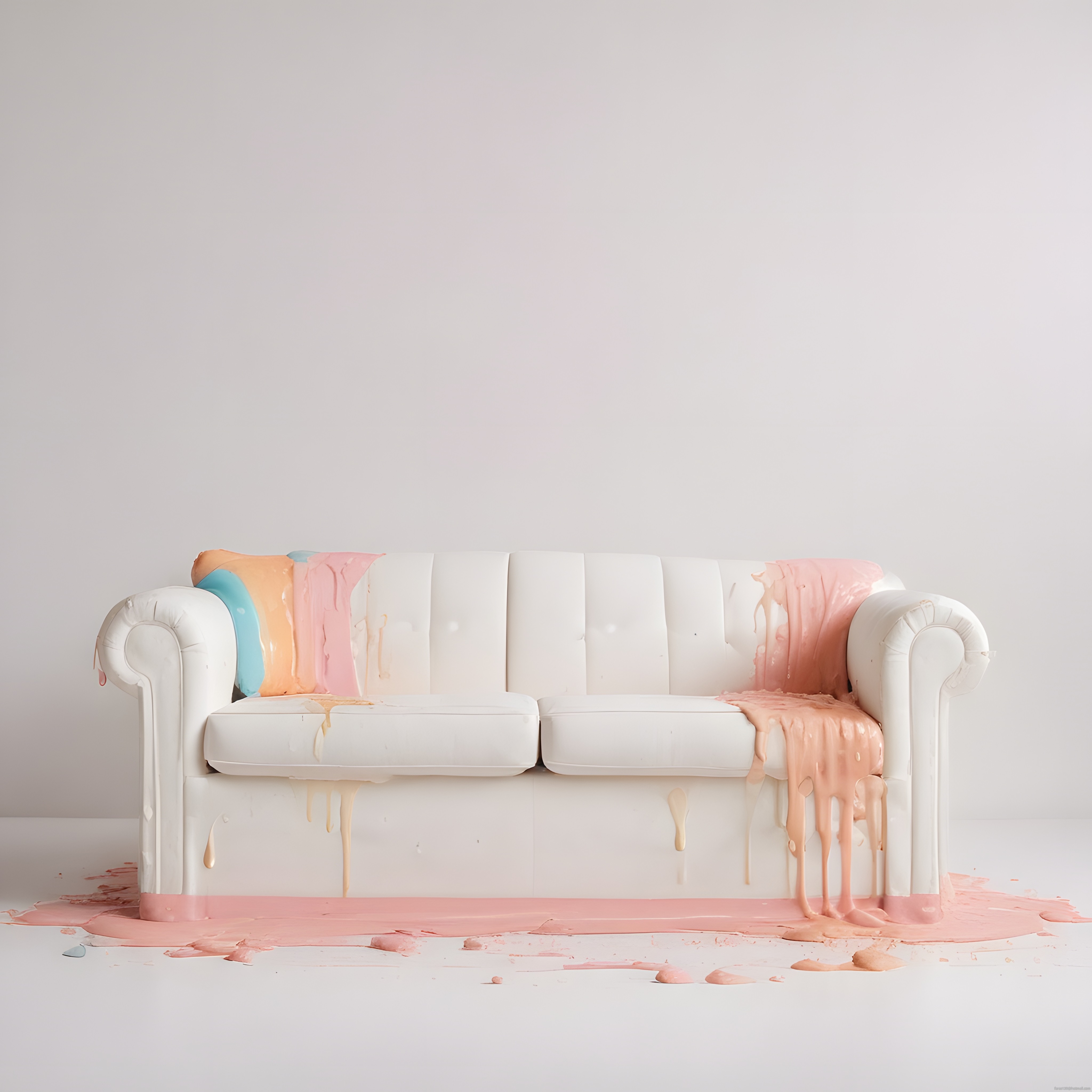Beyaz chesterfield koltuk ve üzerine dökülen pastel boyalar sanatsal dekor