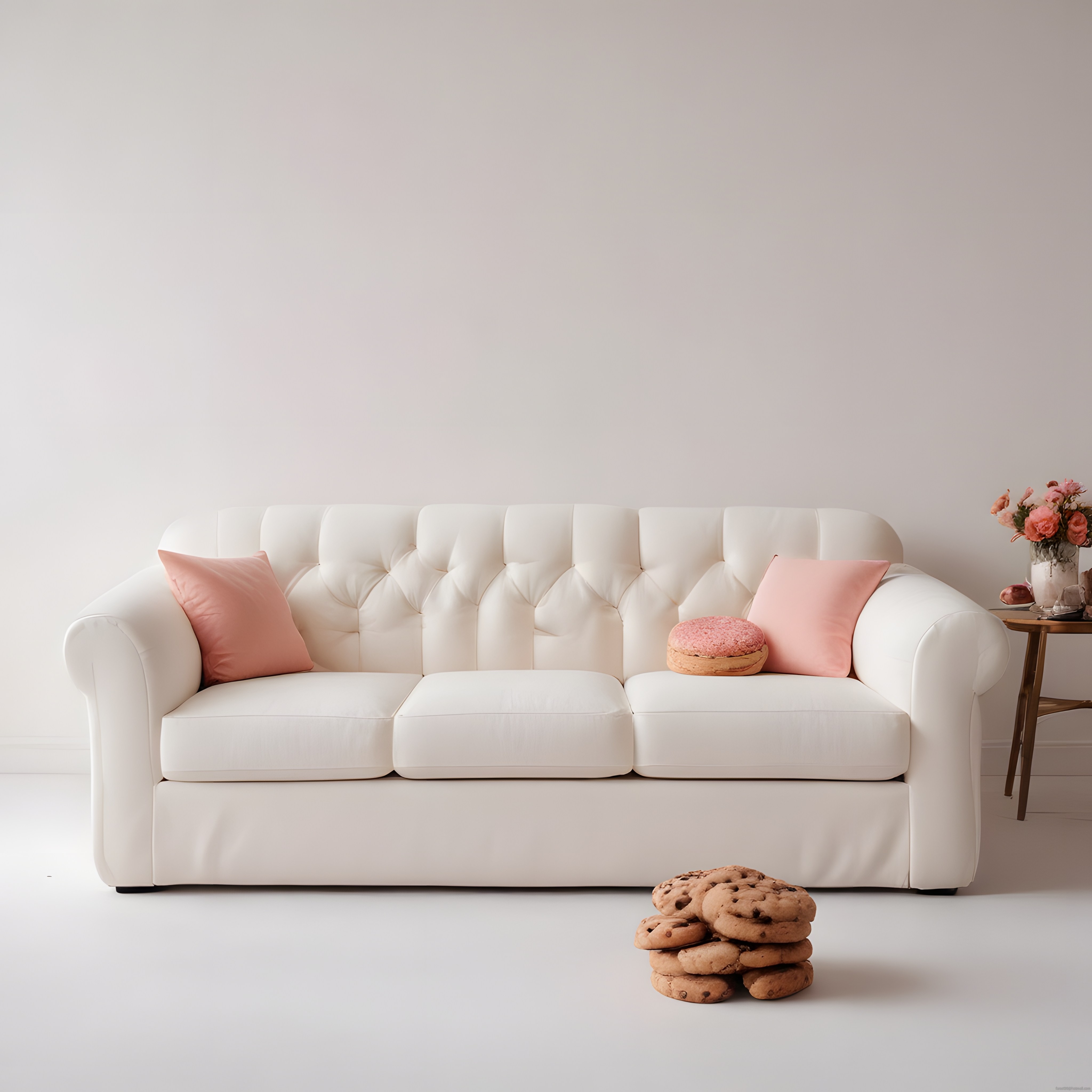Beyaz Chesterfield Koltuklu, Kurabiyeli ve Pembe Yastıklı Pastel Salon Köşesi