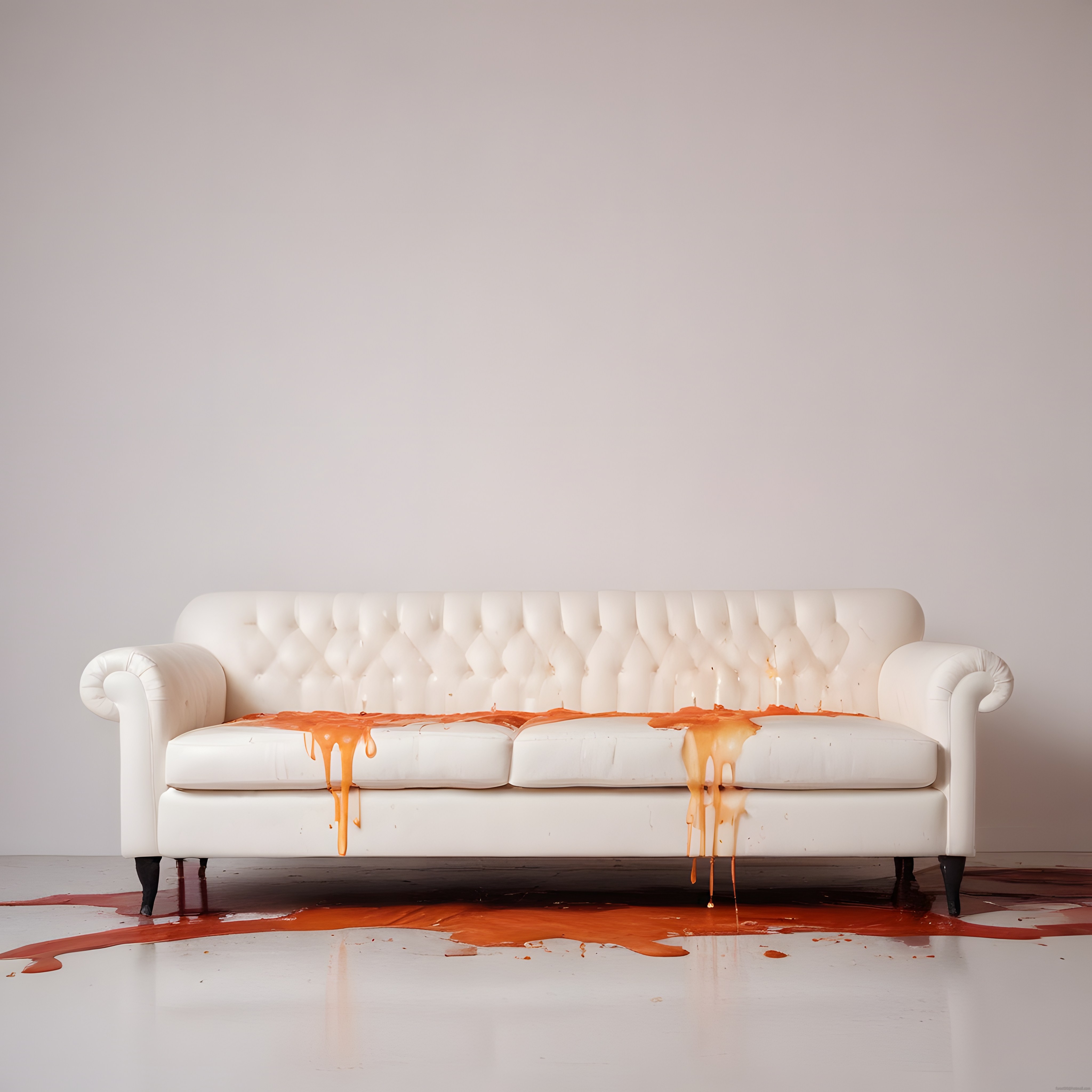 Beyaz Chesterfield Koltukta Dökülmüş Turuncu Sıvı ve Minimalist Dekor