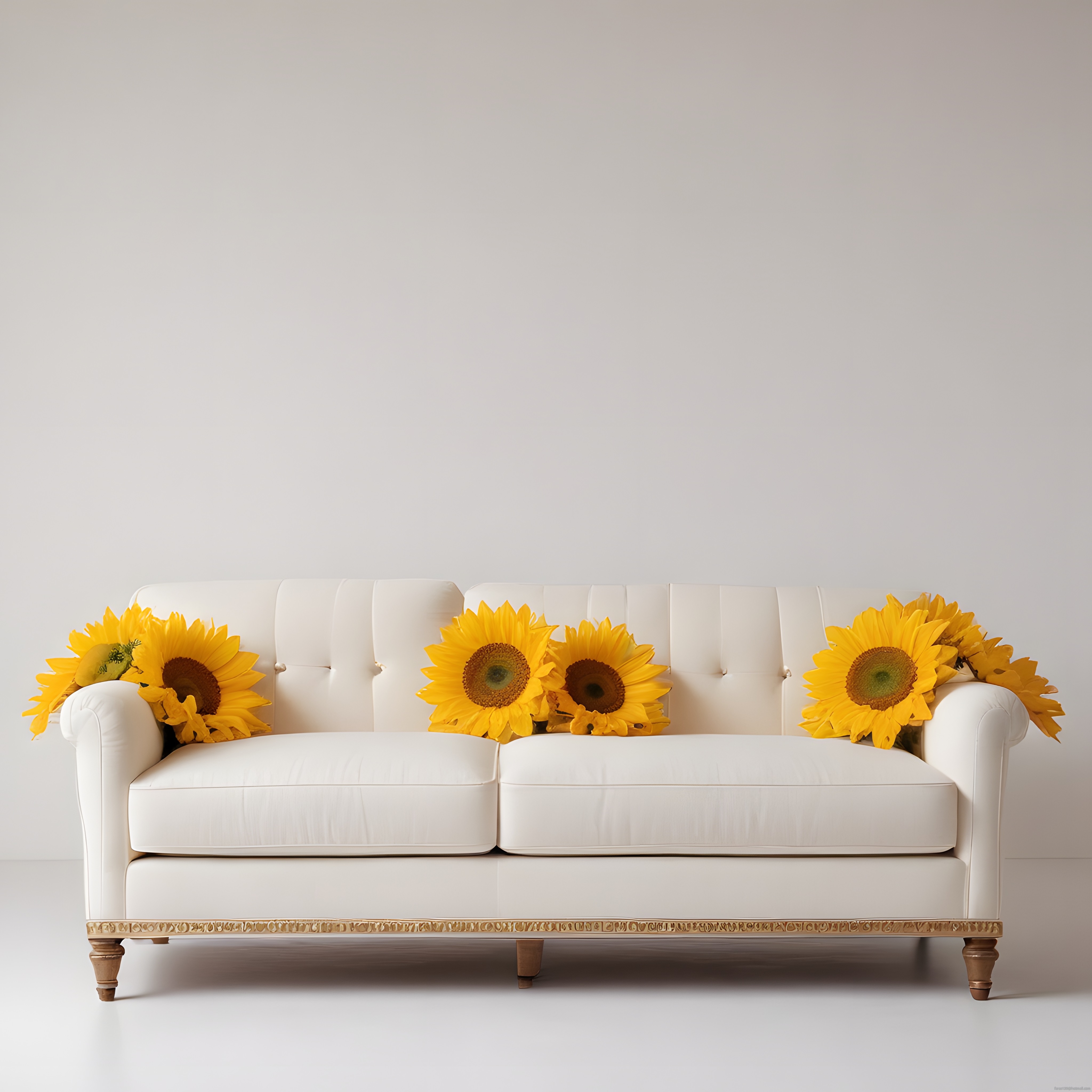 Beyaz Chesterfield Koltukta Sarı Ayçiçekleri: Minimalist Dekorasyon Fikri