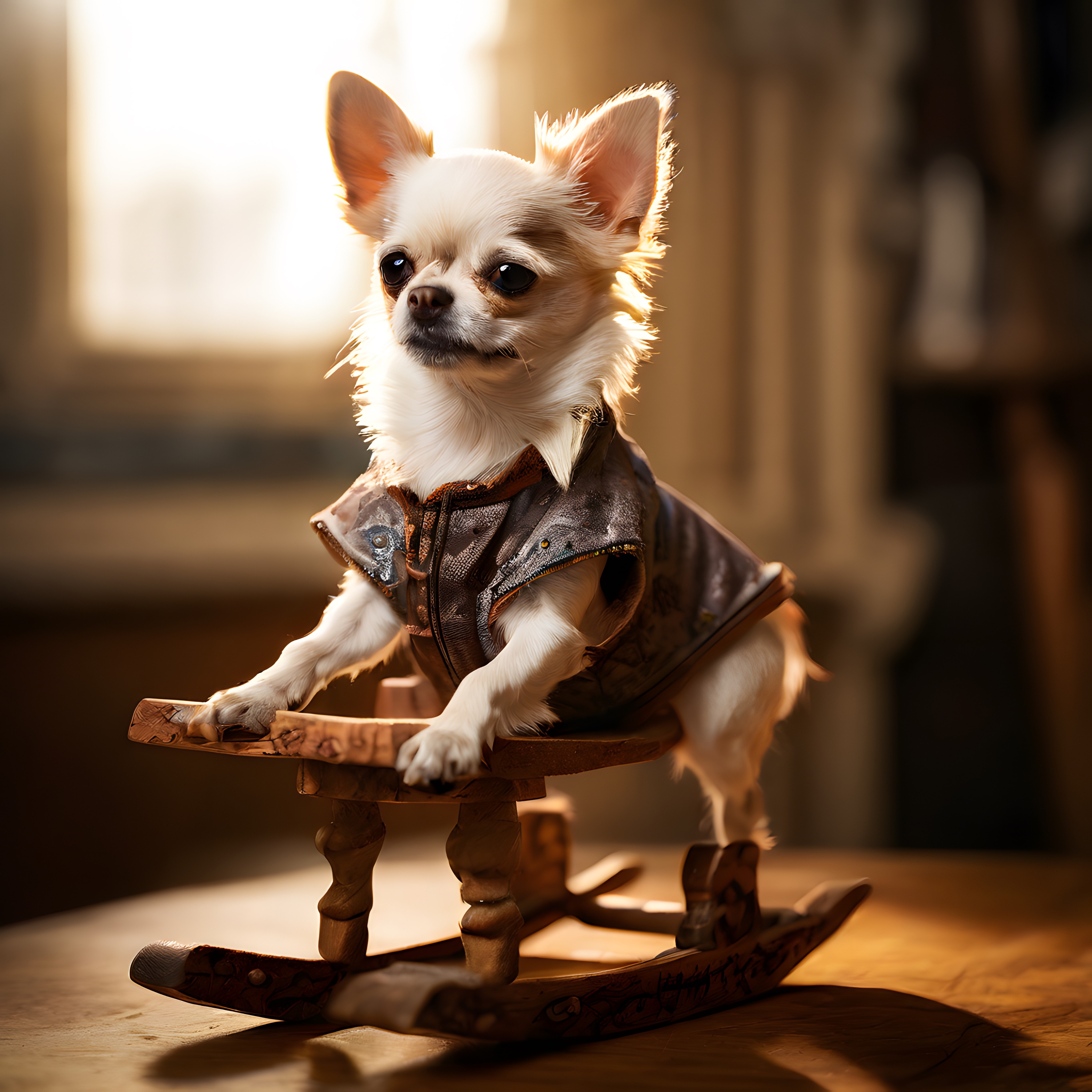 Beyaz Chihuahua Deri Yeleğiyle Sallanan Ahşap Atın Üzerinde Poz Veriyor