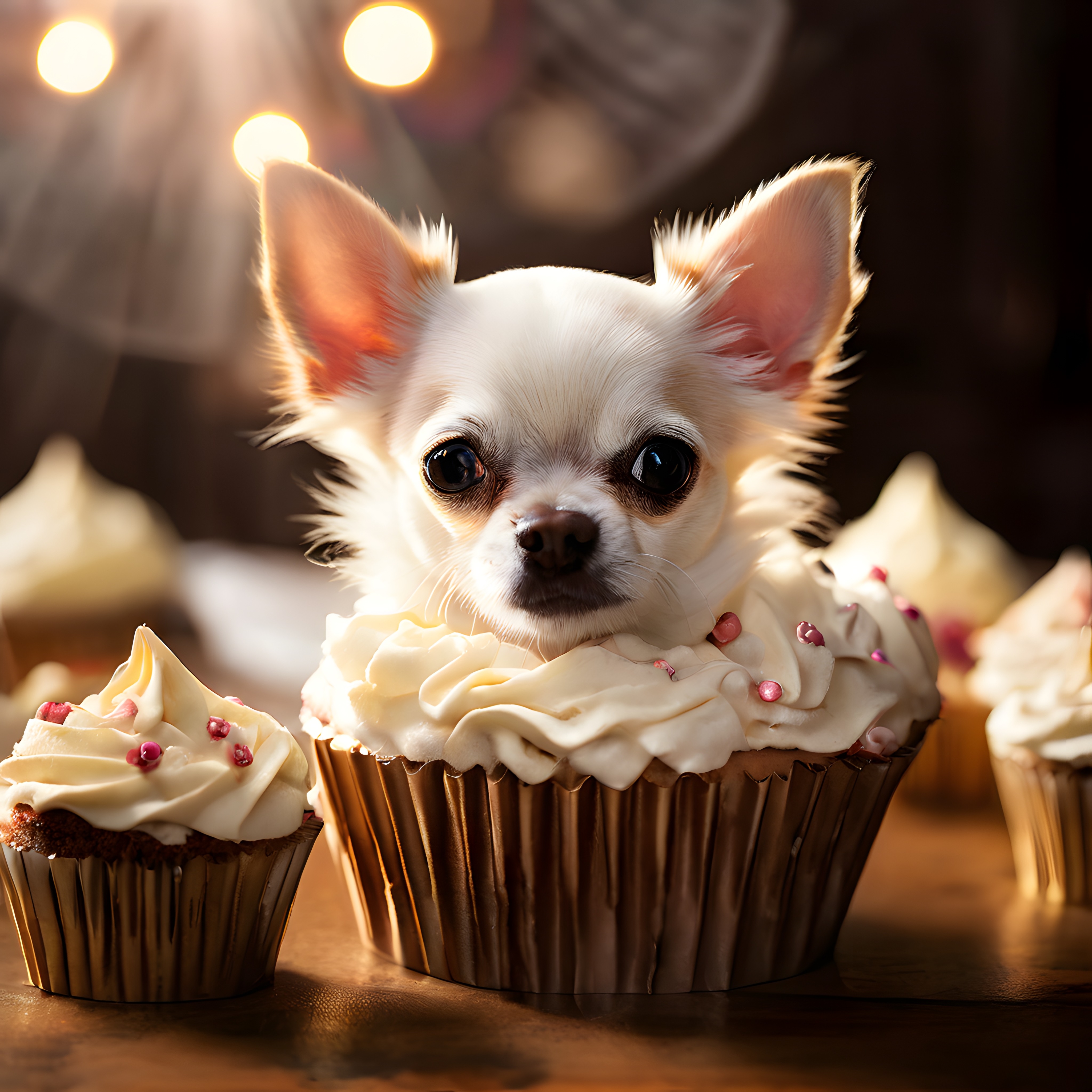 Beyaz Chihuahua Köpeği Cupcake'lerin Arasından Sevimli Bakışlar Atıyor Beyaz Chihuahua Köpeği Cupcake'lerin Arasından Sevimli Bakışlar Atıyor
