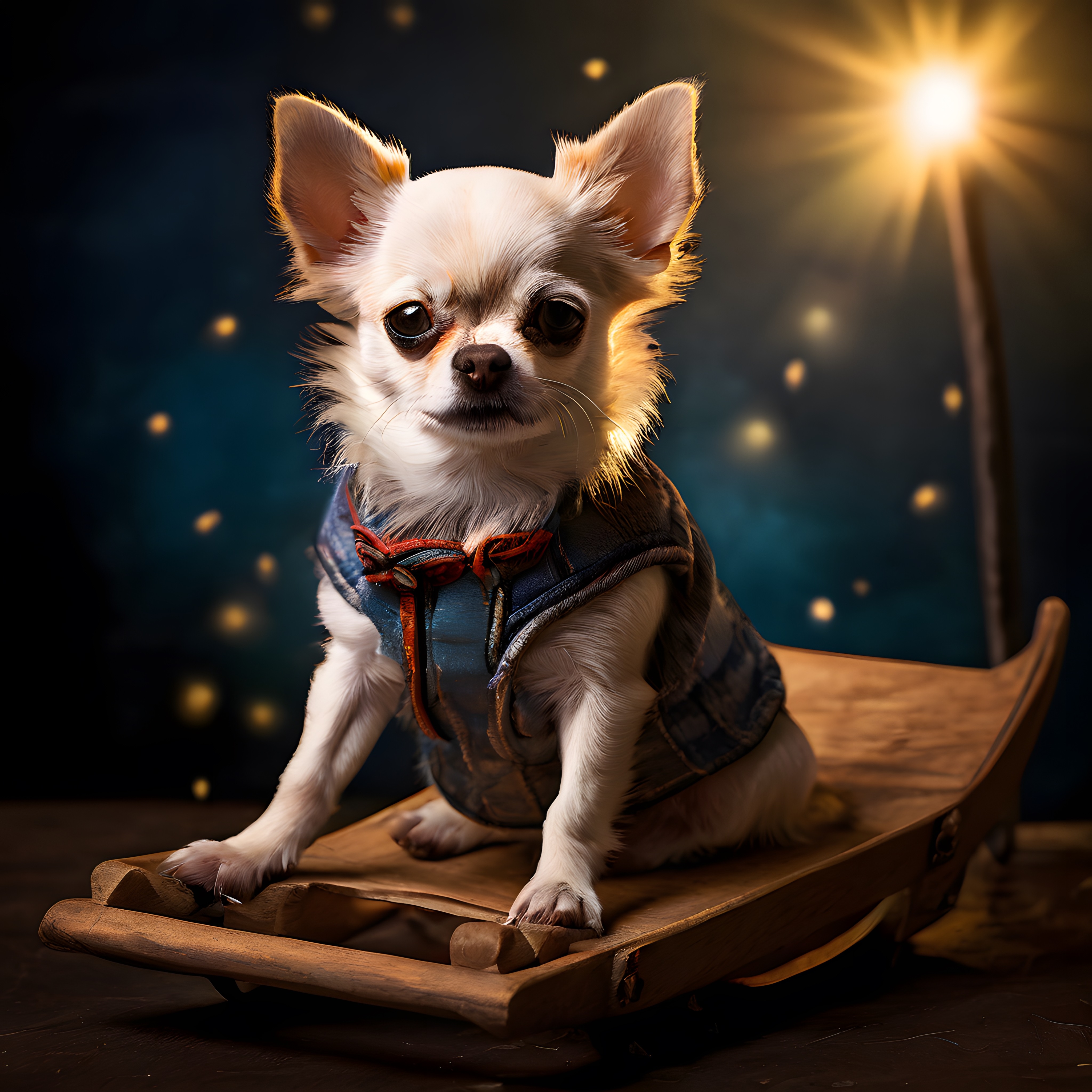 Beyaz Chihuahua Köpeği Gece Lambaları Altında Kızak Üzerinde Poz Veriyor