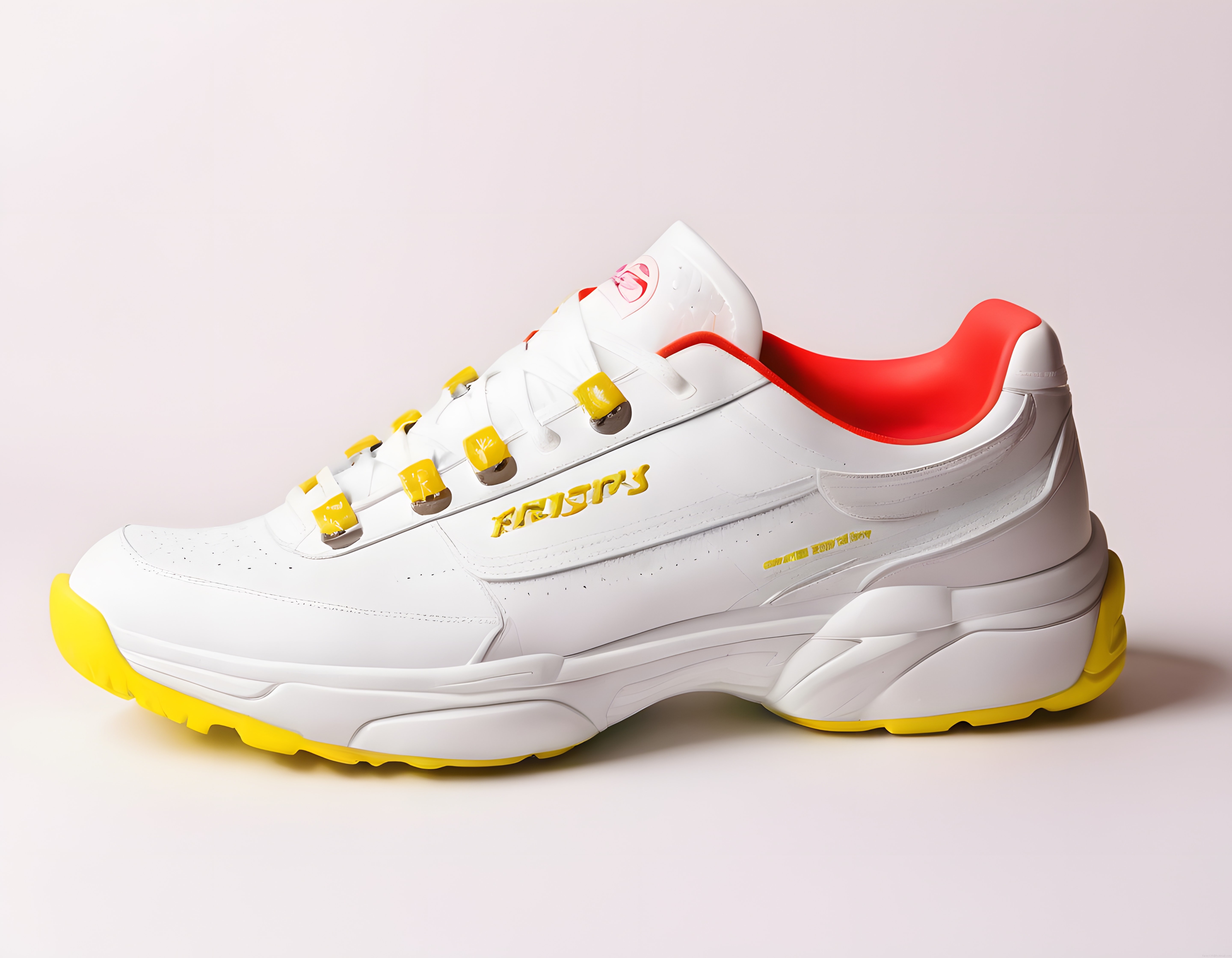 Beyaz Chunky Sneaker: Sarı Detaylar ve Kırmızı Topuklu Spor Ayakkabı