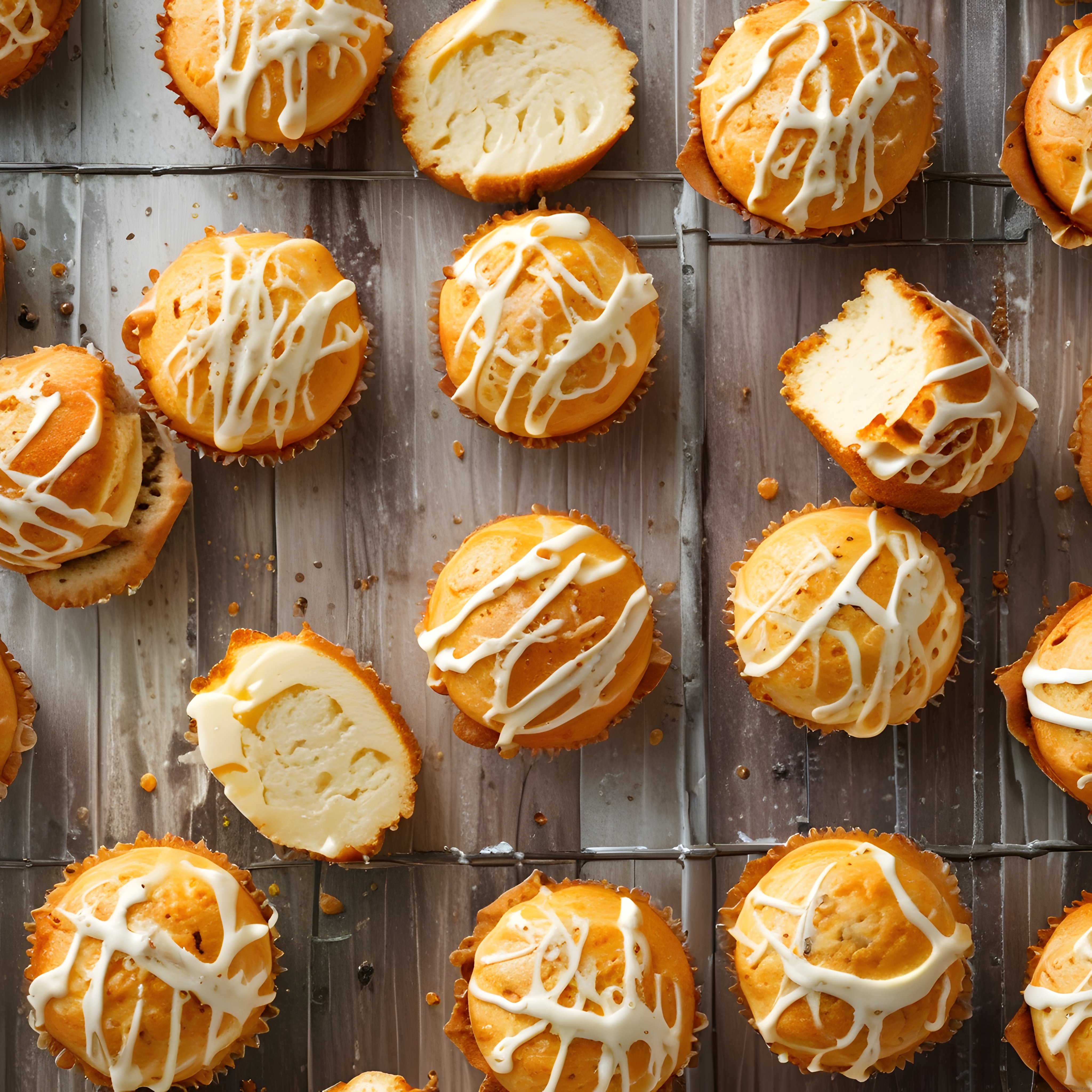 Beyaz çikolata soslu limonlu muffinler tel ızgara üzerinde üstten görünüm
