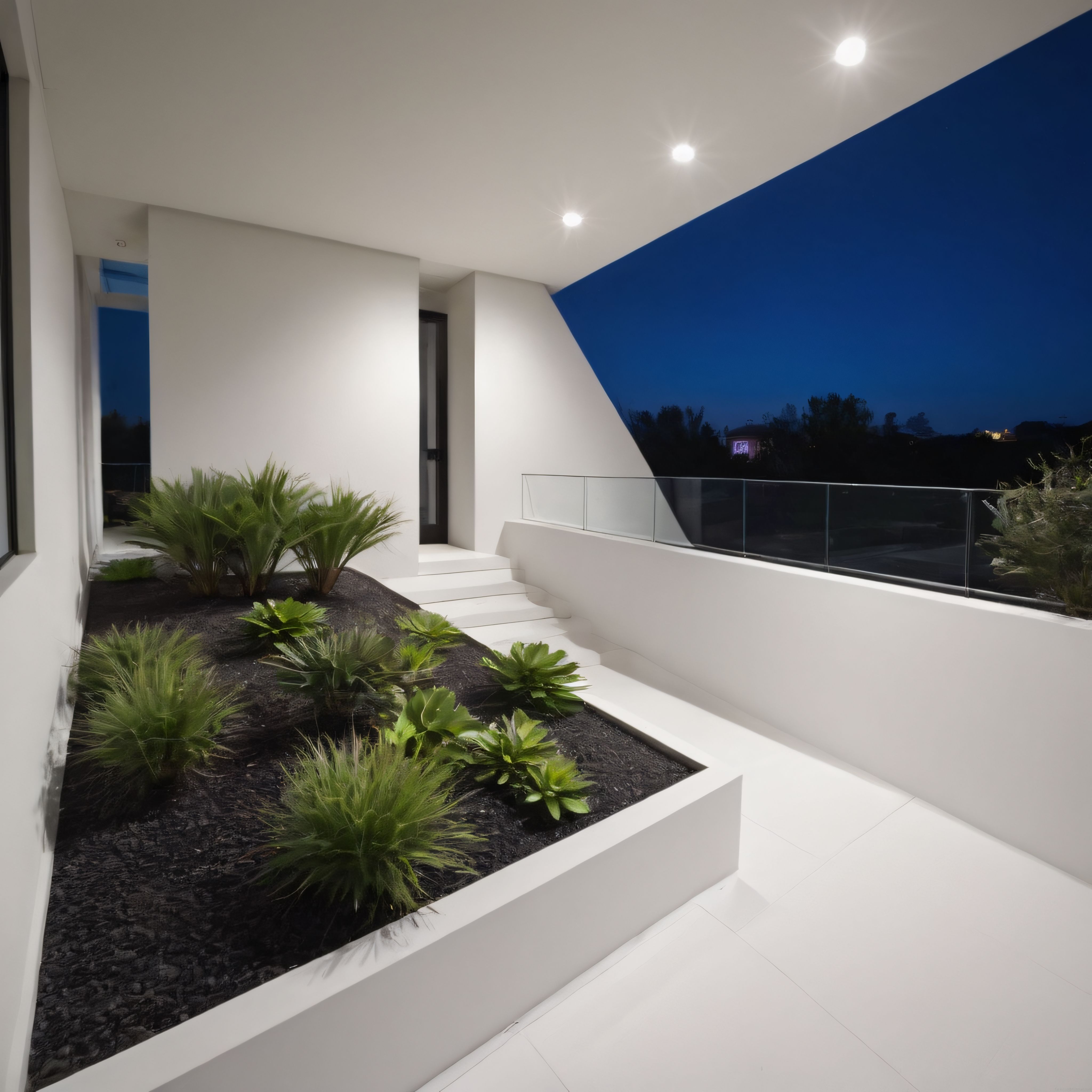 Beyaz Çizgiler ve Gece Mavisi Arasındaki Modern Mimari Teras Tasarımı
