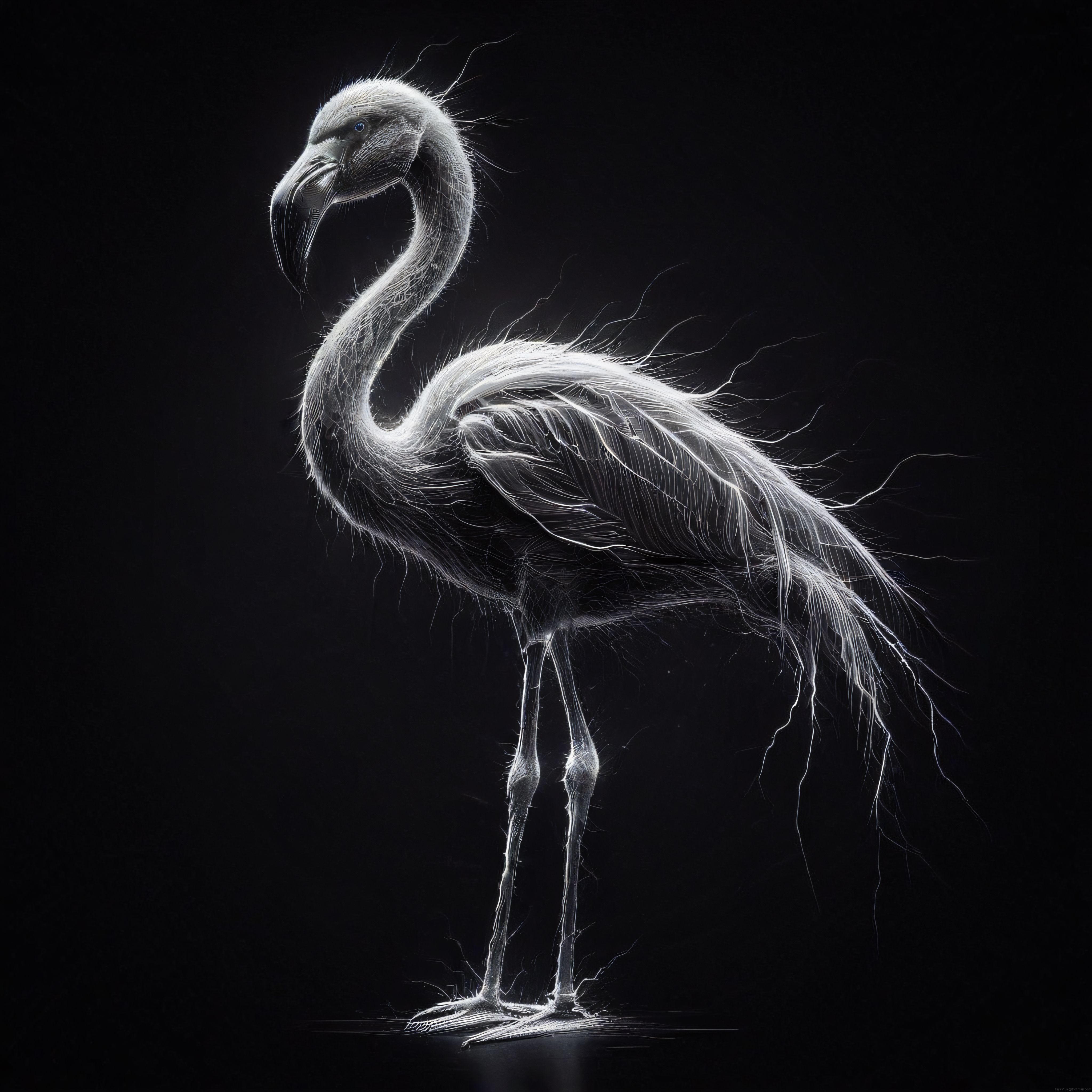 Beyaz Çizgilerden Oluşan Flamingo: Karanlık Zeminde Dijital Sanat Portresi