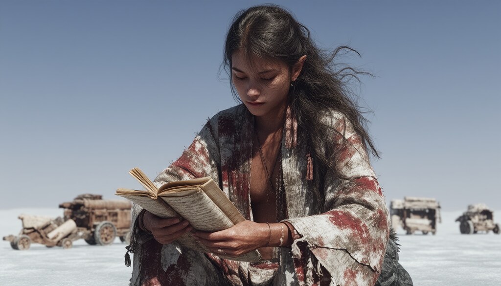 Beyaz çölde antik kitap okuyan elf kadın ve eski ahşap arabalar