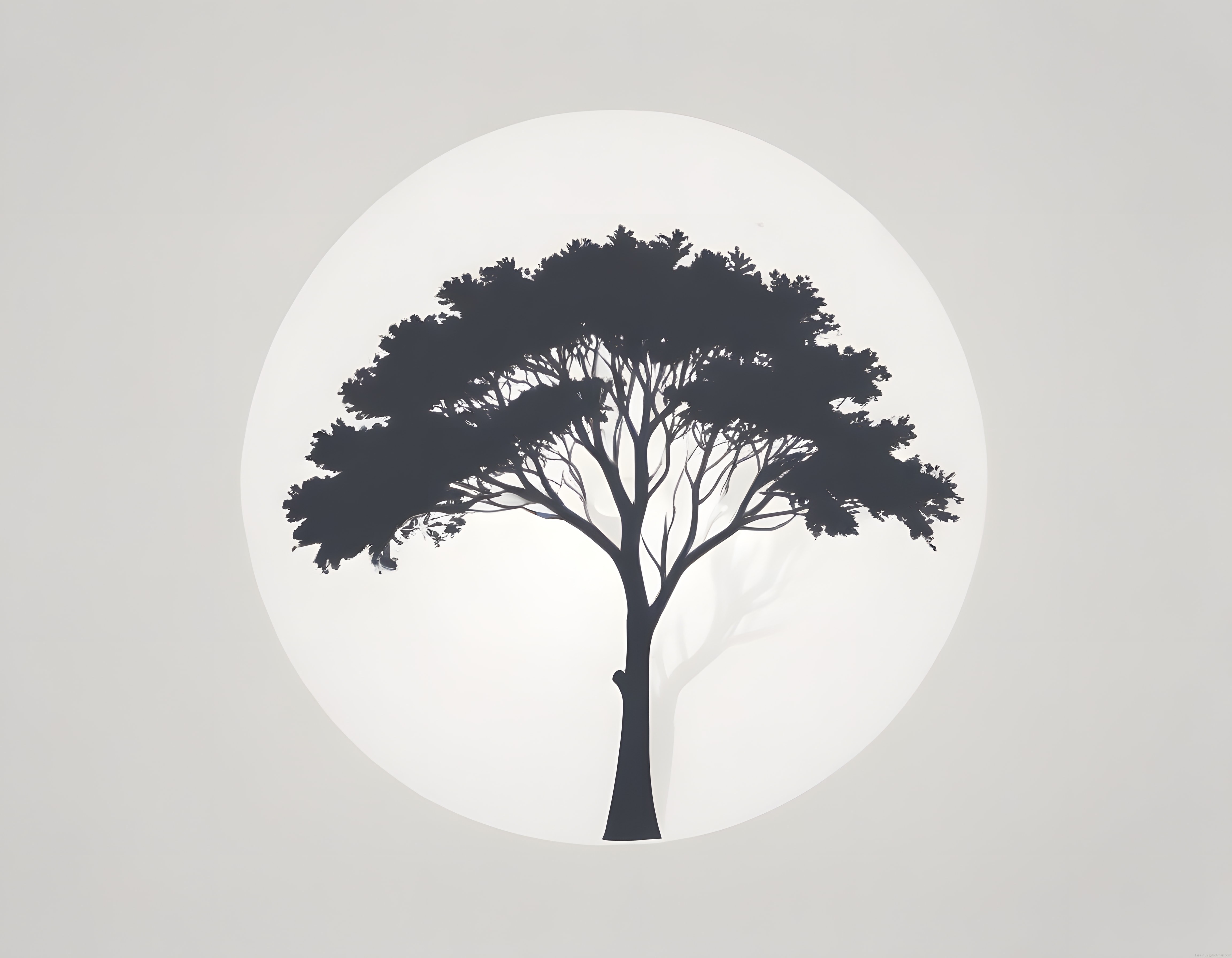 Beyaz Dairede Siyah Ağaç Silueti ile Minimalist Dijital Sanat Eseri