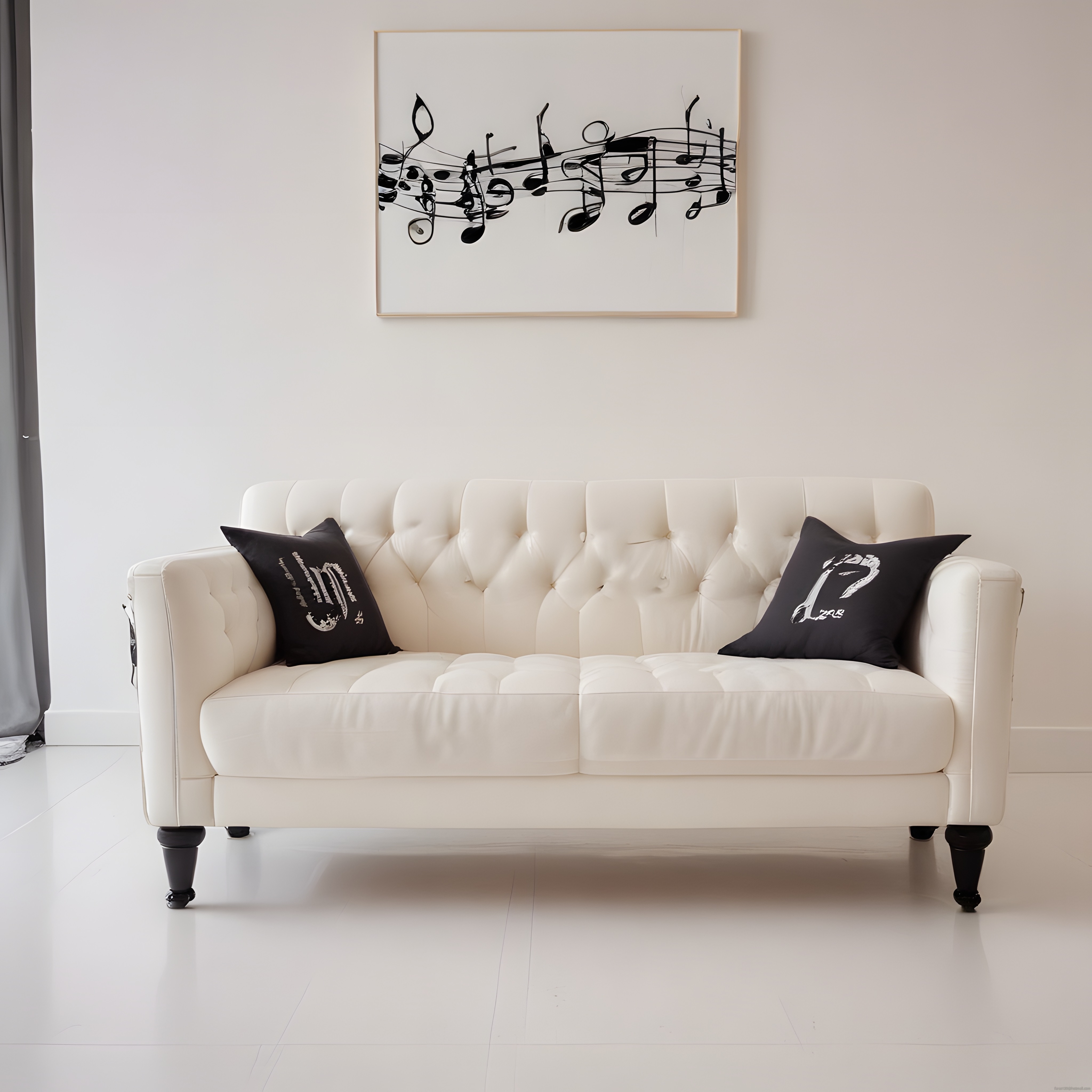 Beyaz Deri Chester Kanepe ve Müzik Temalı Tabloyla Şık Salon Dekoru