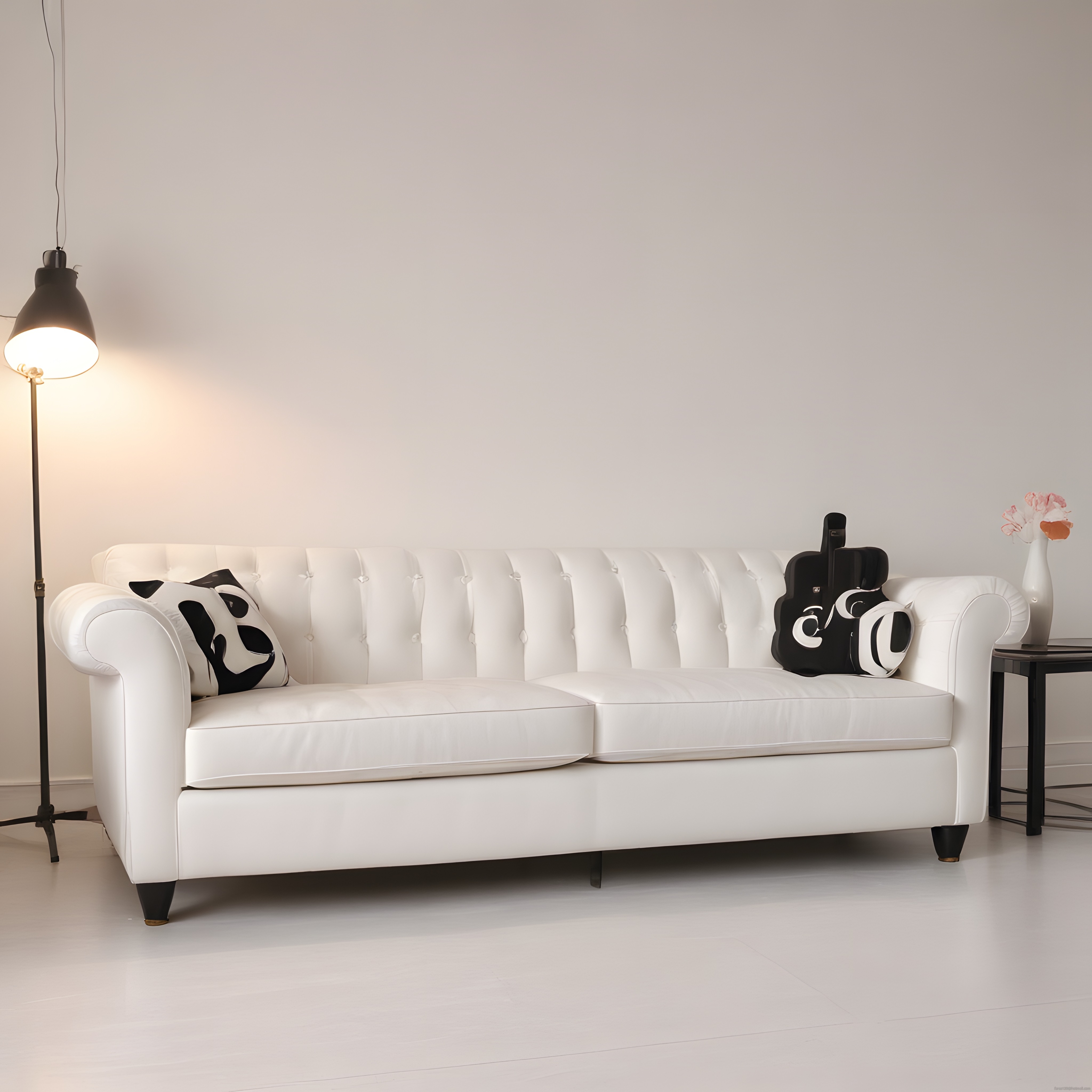Beyaz Deri Chesterfield Kanepe ve Modern Minimalist Oturma Odası Tasarımı