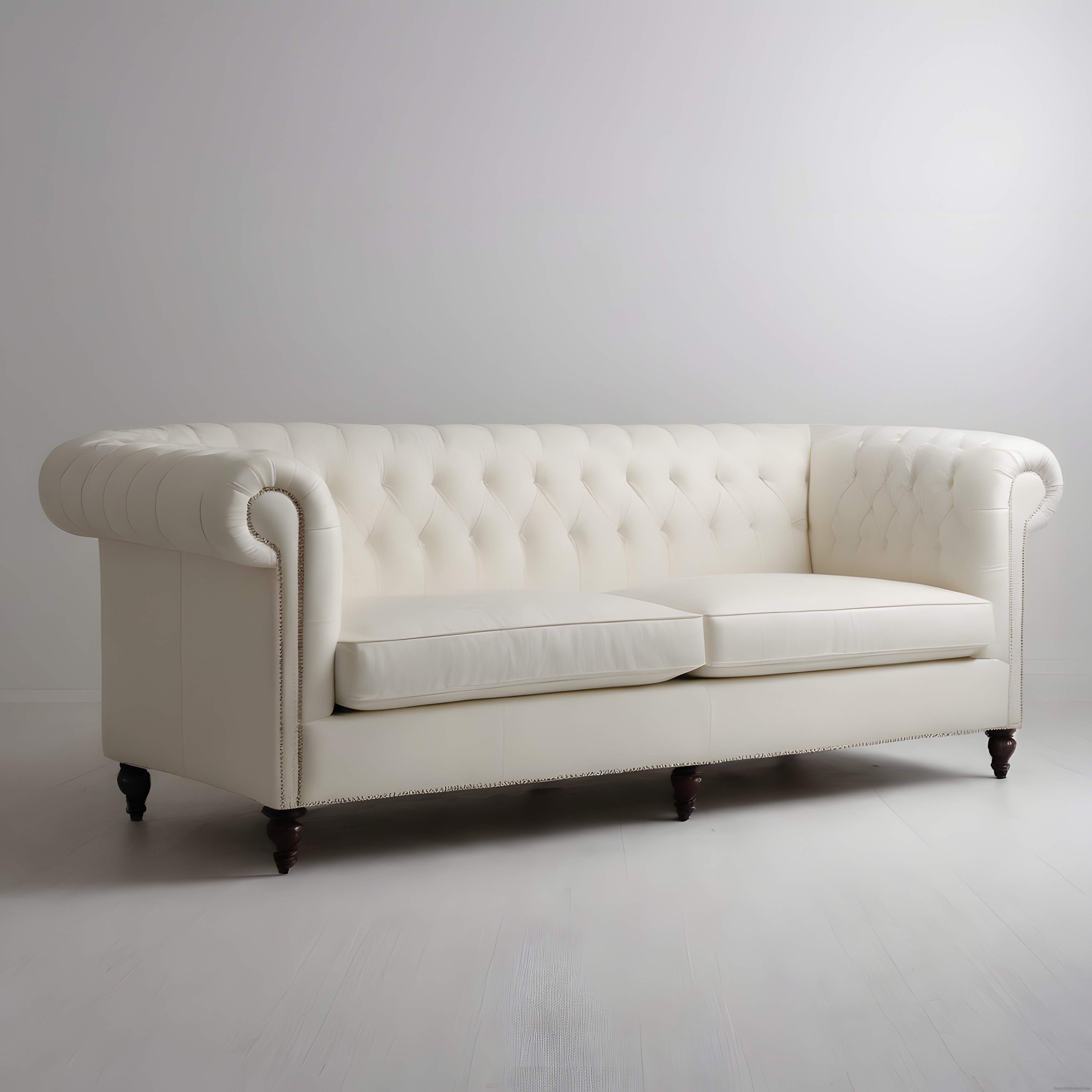 Beyaz Deri Chesterfield Kanepe ve Parlak Minimalist Stüdyo Ortamı