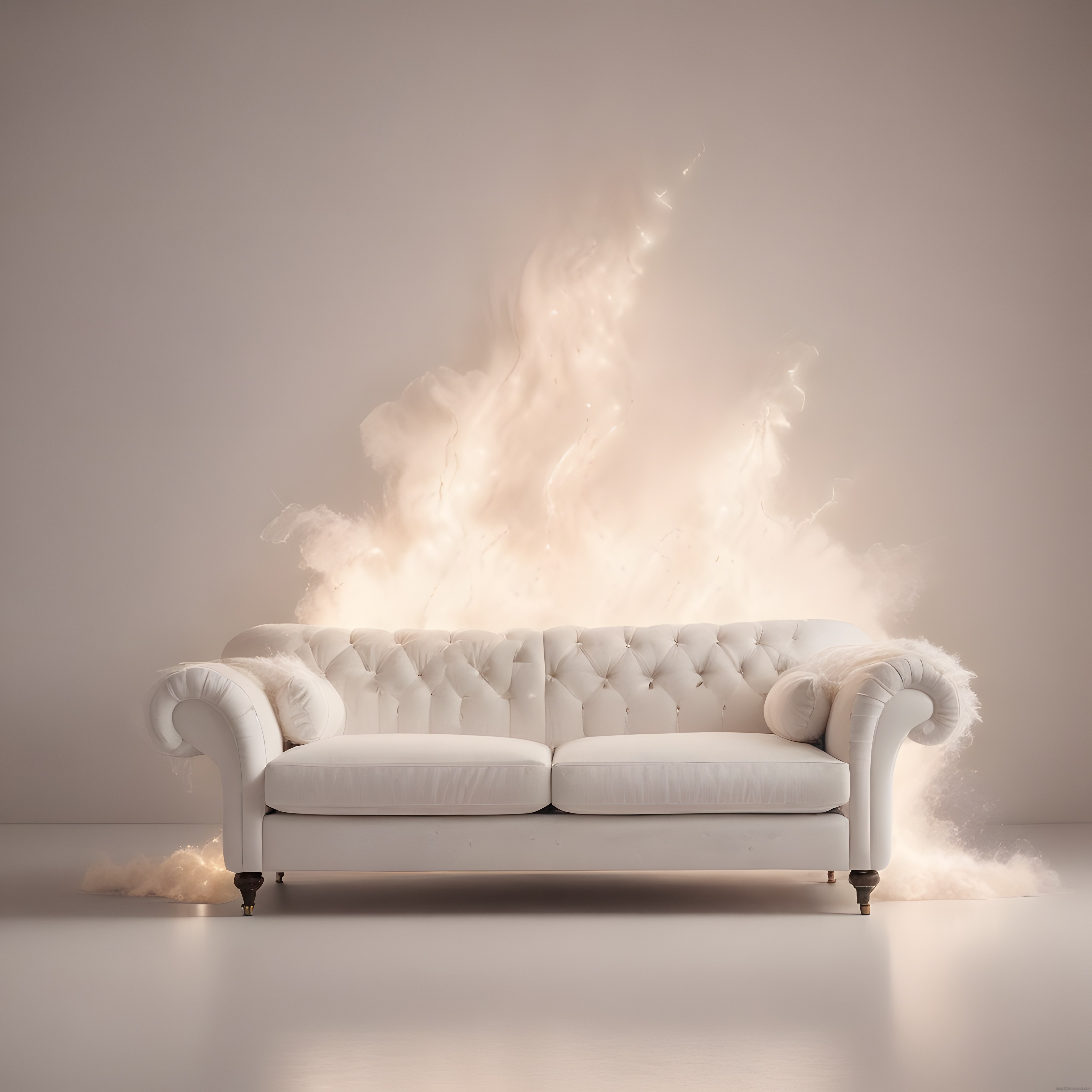 Beyaz Deri Chesterfield Kanepe ve Sihirli Işık Efektli Modern Salon Dekoru