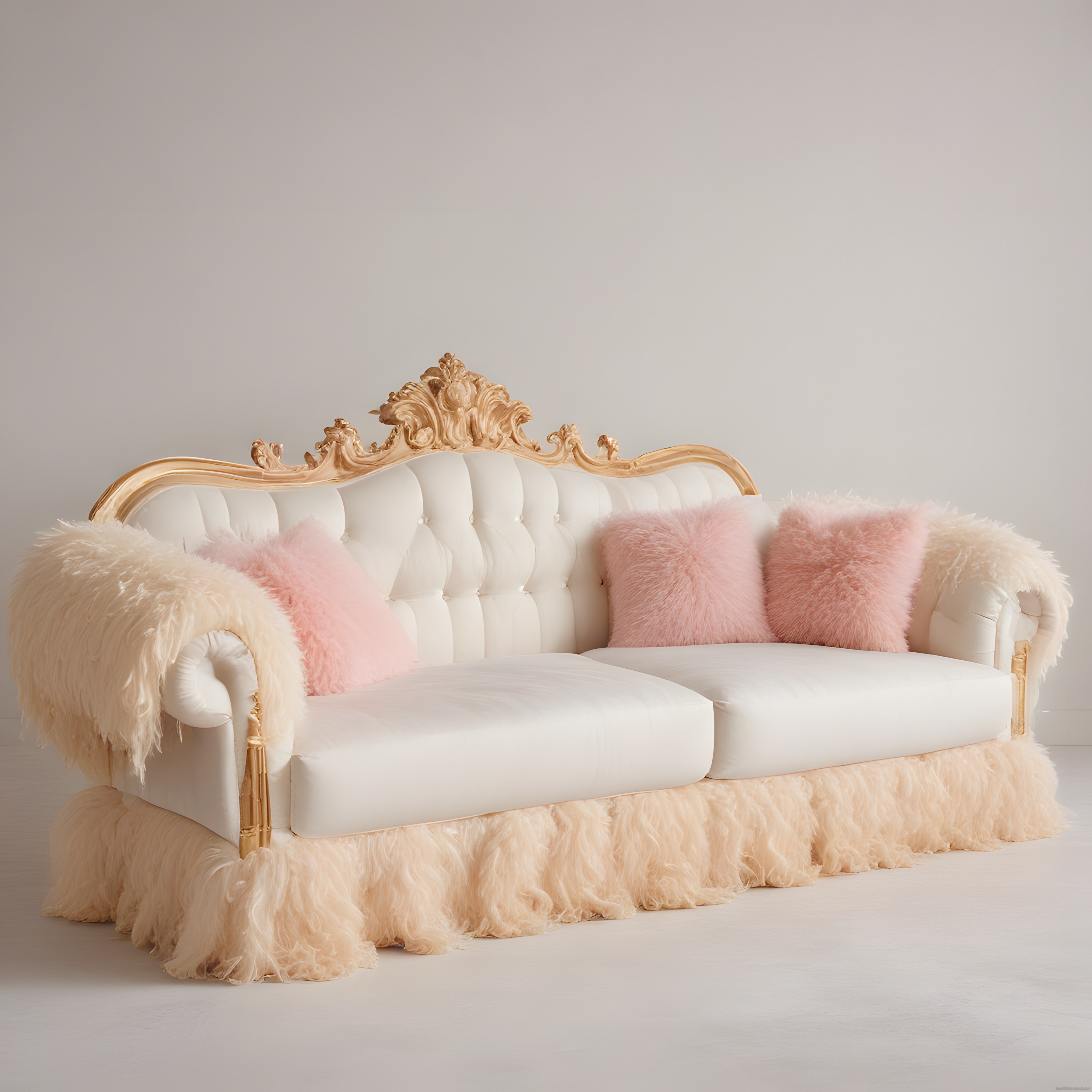 Beyaz deri döşemeli altın varaklı barok koltuk ve soft pembe tüylü kırlentler