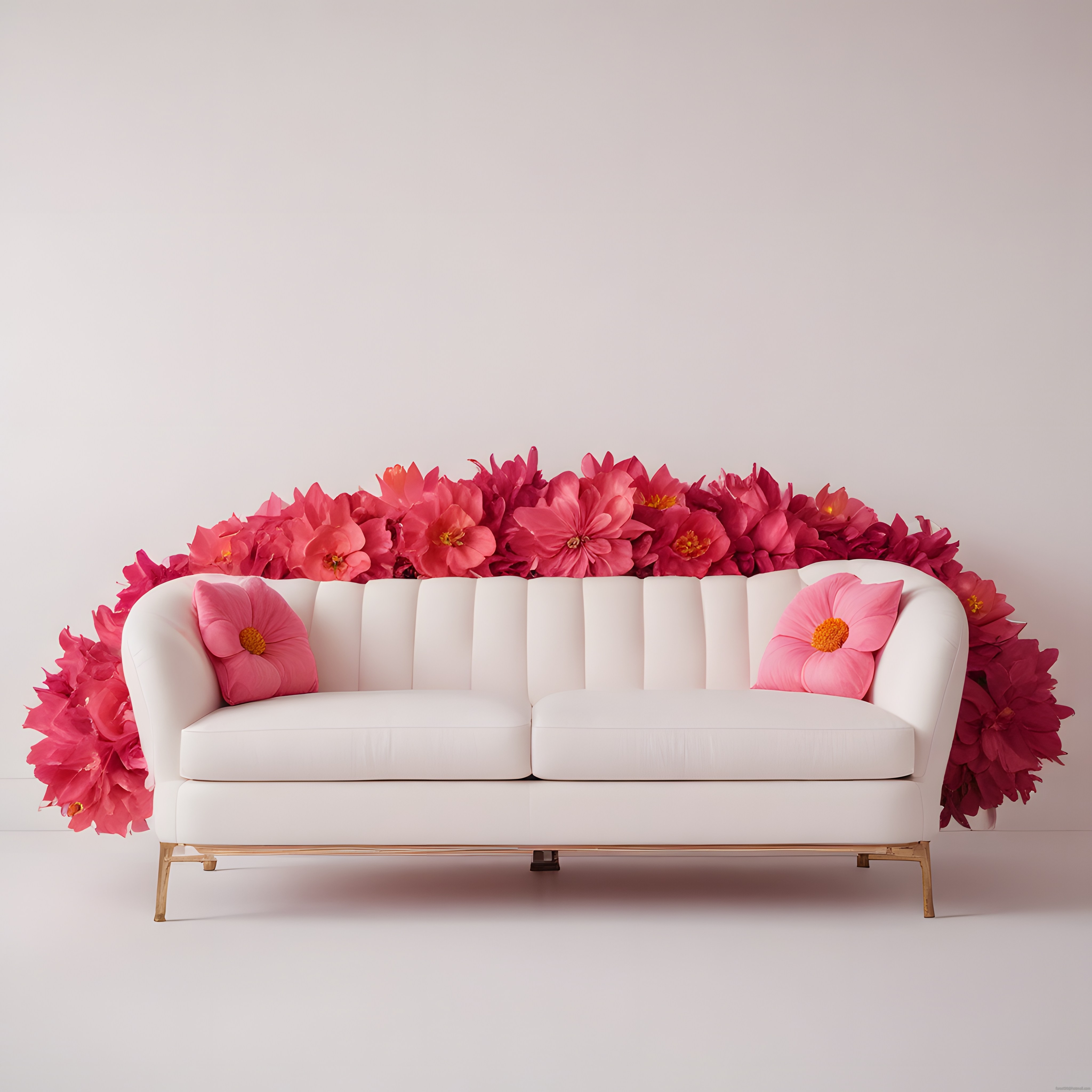 Beyaz Deri Kanepe ve Canlı Pembe Çiçeklerle Süslenmiş Romantik Ortam