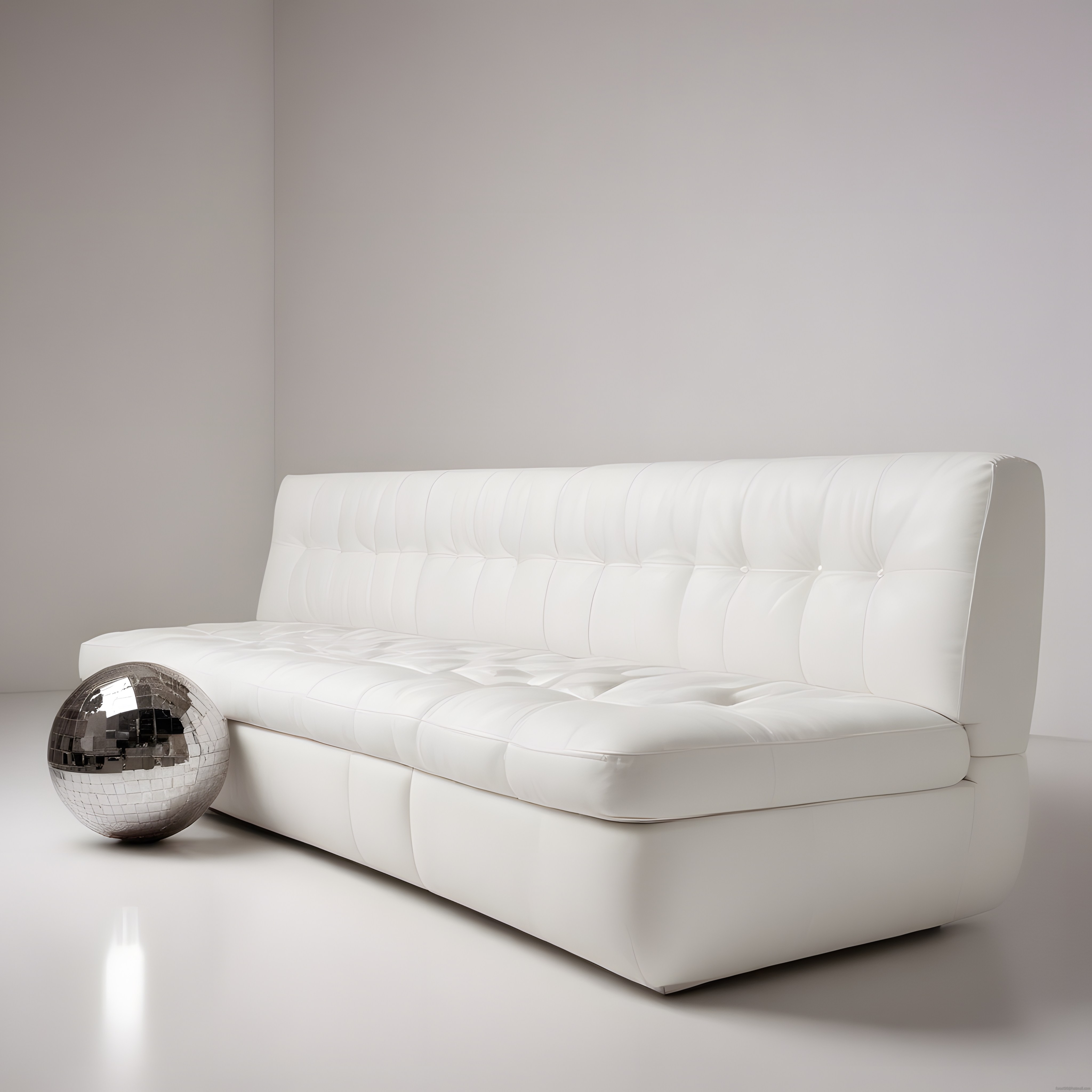 Beyaz Deri Kanepe ve Disko Topu ile Modern Minimalist İç Mekan Tasarımı