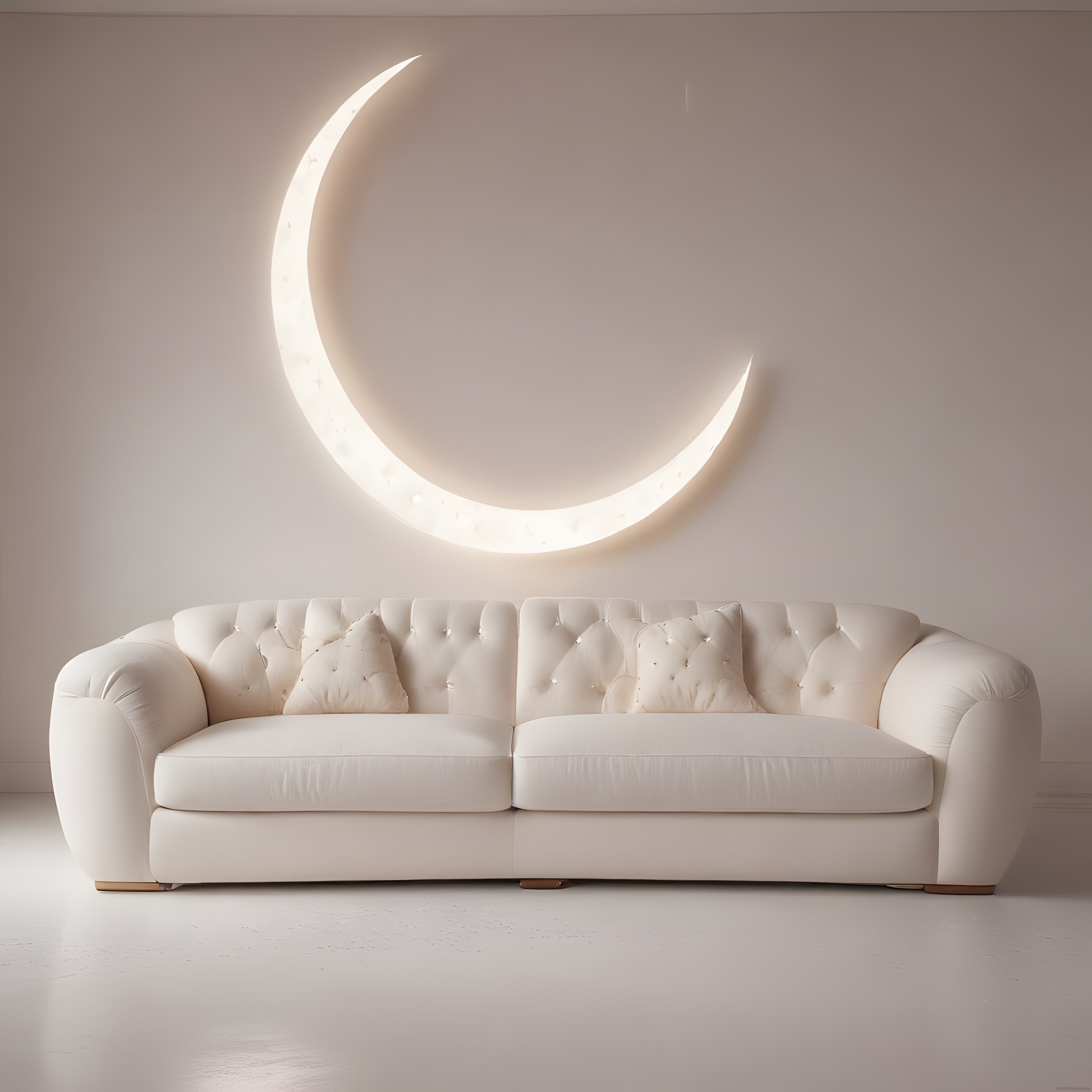 Beyaz Deri Kanepe ve Hilal Aydınlatmalı Minimalist Oturma Odası Dekoru