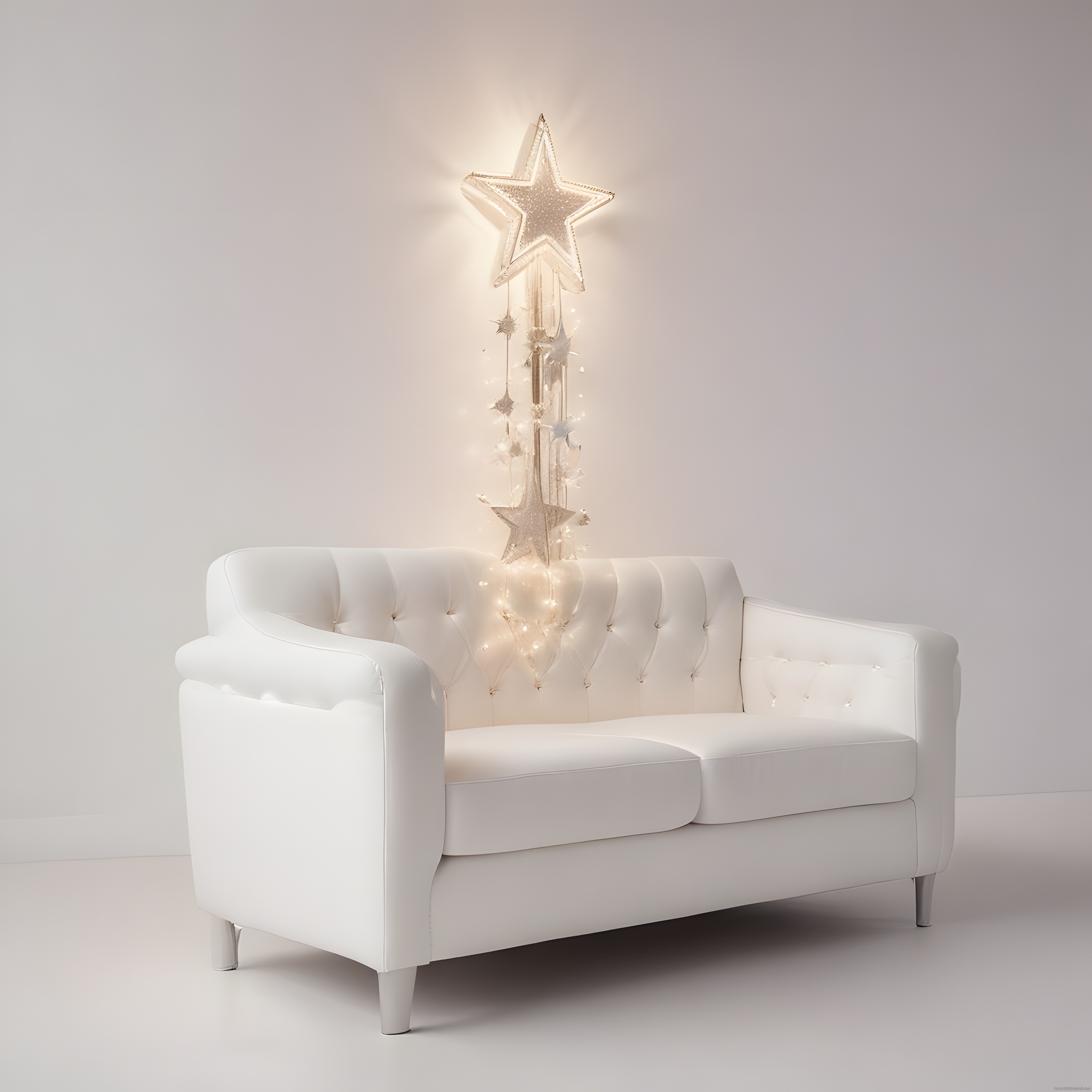Beyaz deri kanepe ve ışıklı yıldız duvar süslemeli minimalist iç mekan