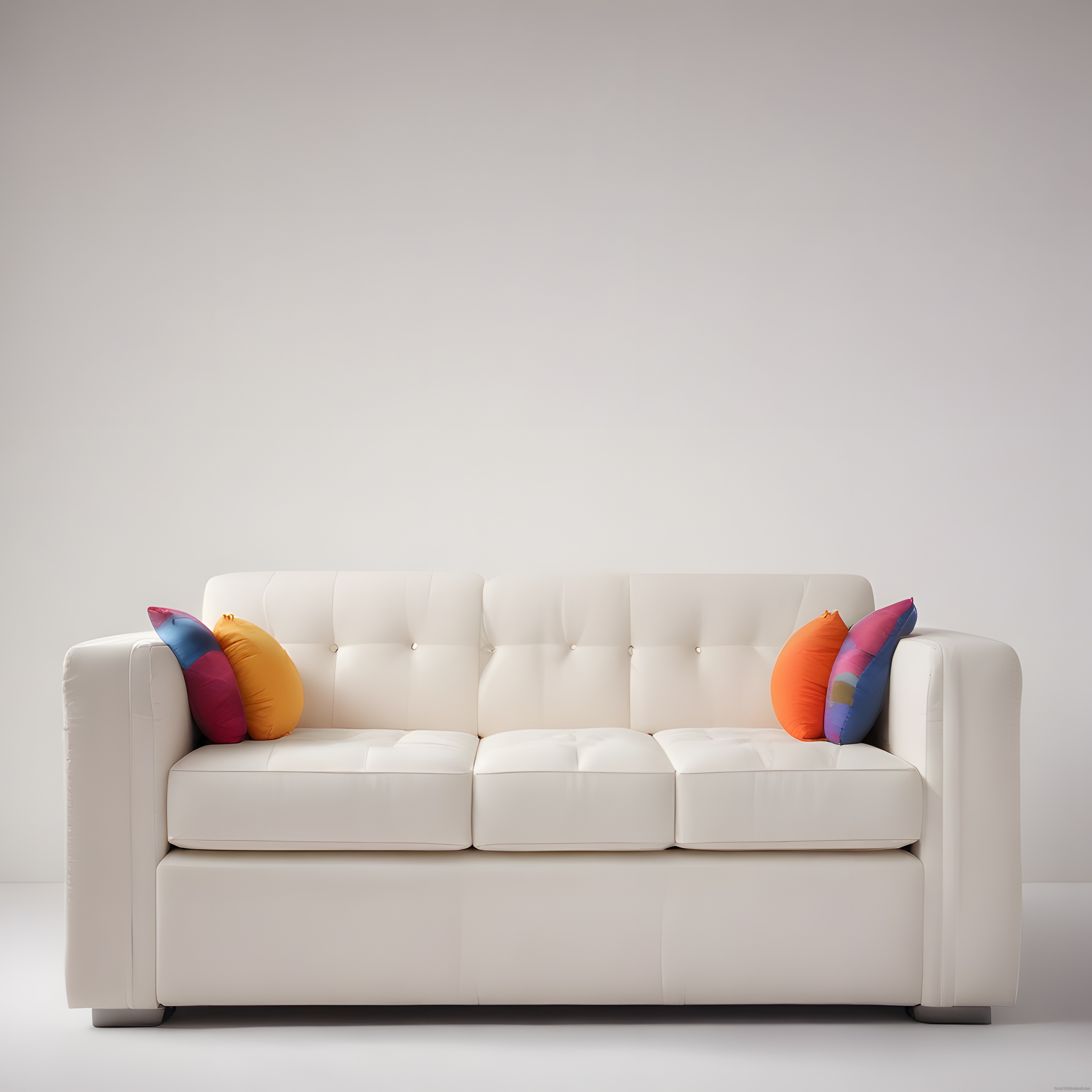 Beyaz Deri Kanepe ve Renkli Yastıklarla Modern Minimalist Salon Dekorasyonu