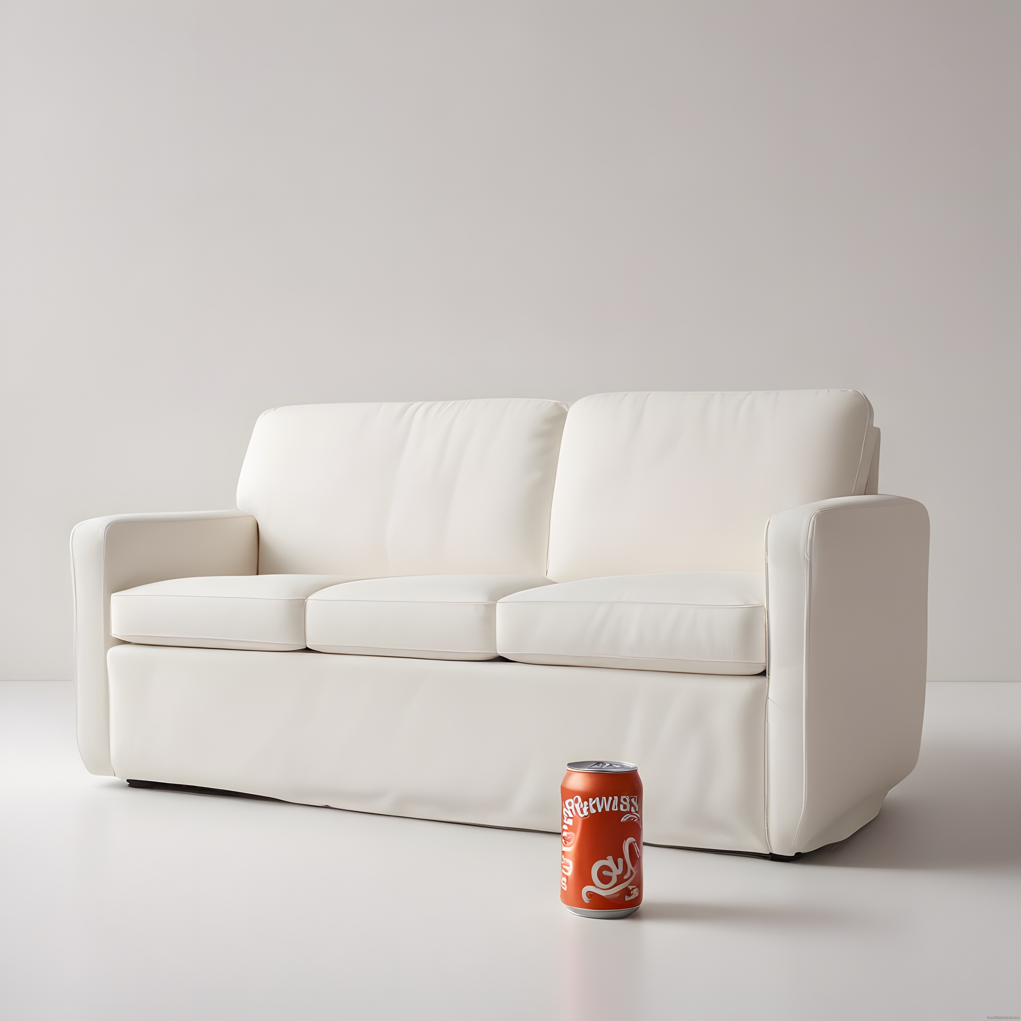 Beyaz Deri Kanepe ve Turuncu İçecek Kutusuyla Minimalist Stüdyo Dekoru