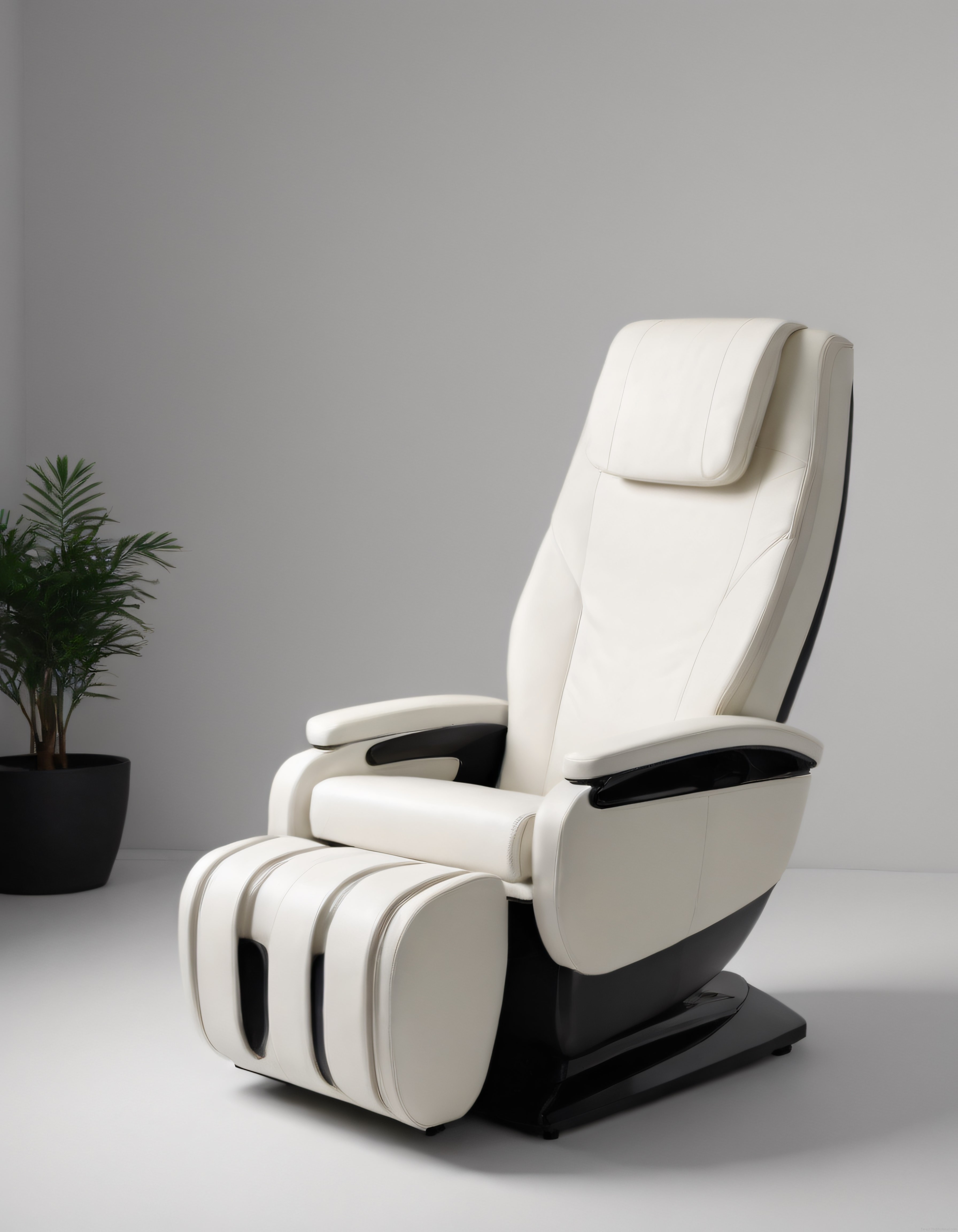 Beyaz Deri Kaplamalı Modern Masaj Koltuğu ve Minimalist Stüdyo Ortamı
