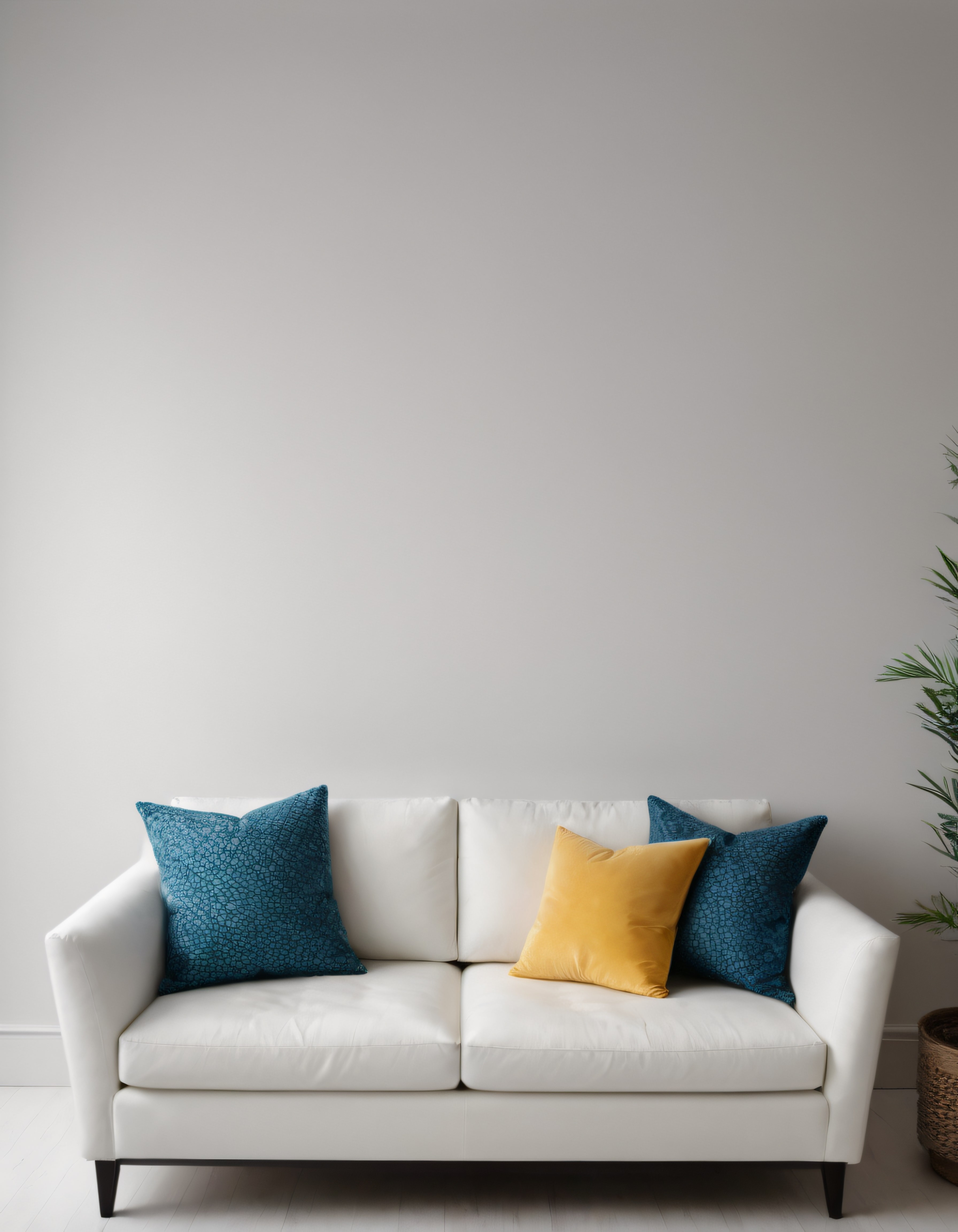 Beyaz Deri Koltuk ve Mavi Sarı Dekoratif Yastıklarla Minimal Salon Atmosferi