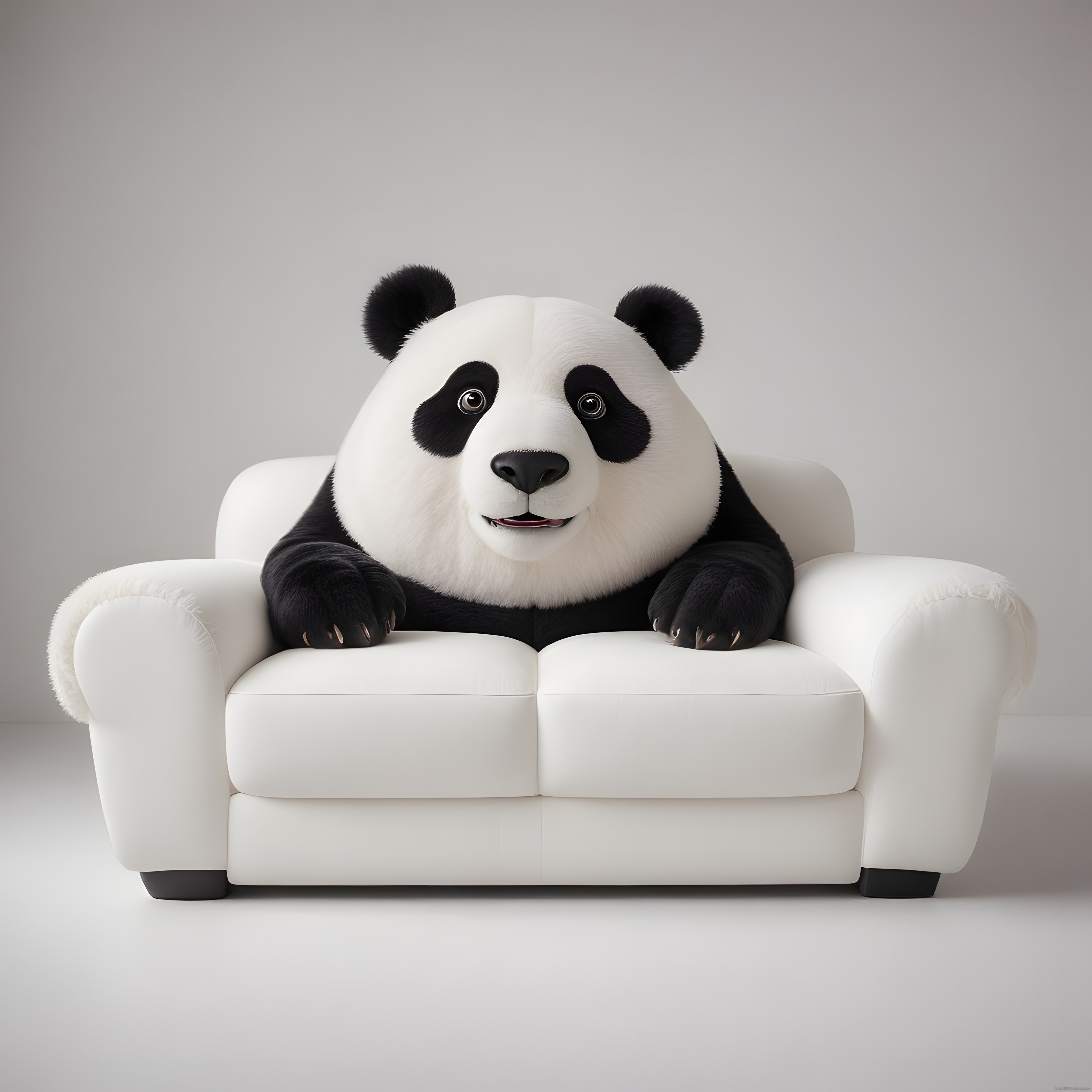 Beyaz Deri Koltukta Oturan Sevimli Tüylü 3D Panda Animasyon Karakteri