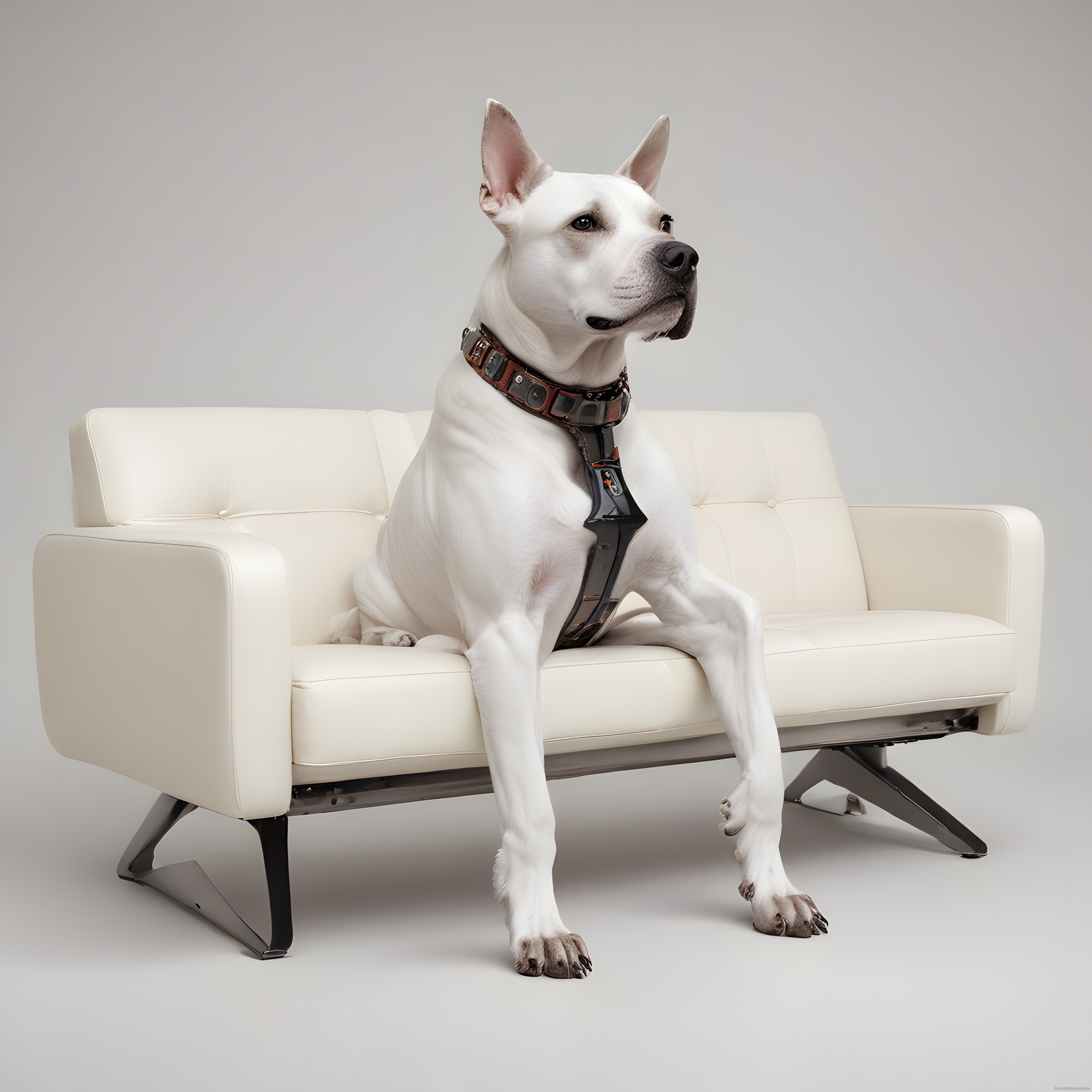 Beyaz Dogo Argentino Köpeği Modern Koltukta Stüdyo Pozuyla Göz Kamaştırıyor