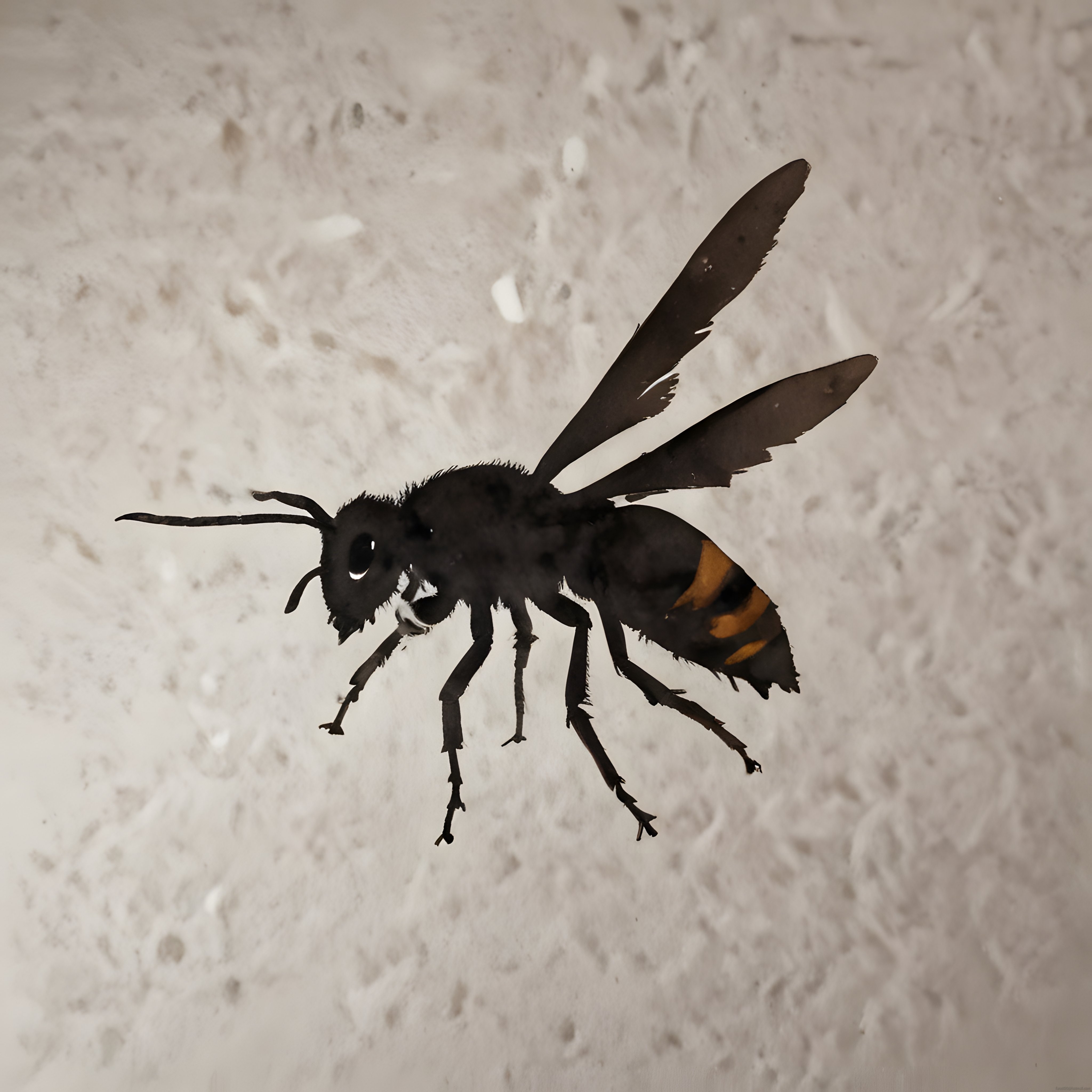 Beyaz dokulu duvara tünemiş sarı çizgili yaban arısı makro fotoğrafı