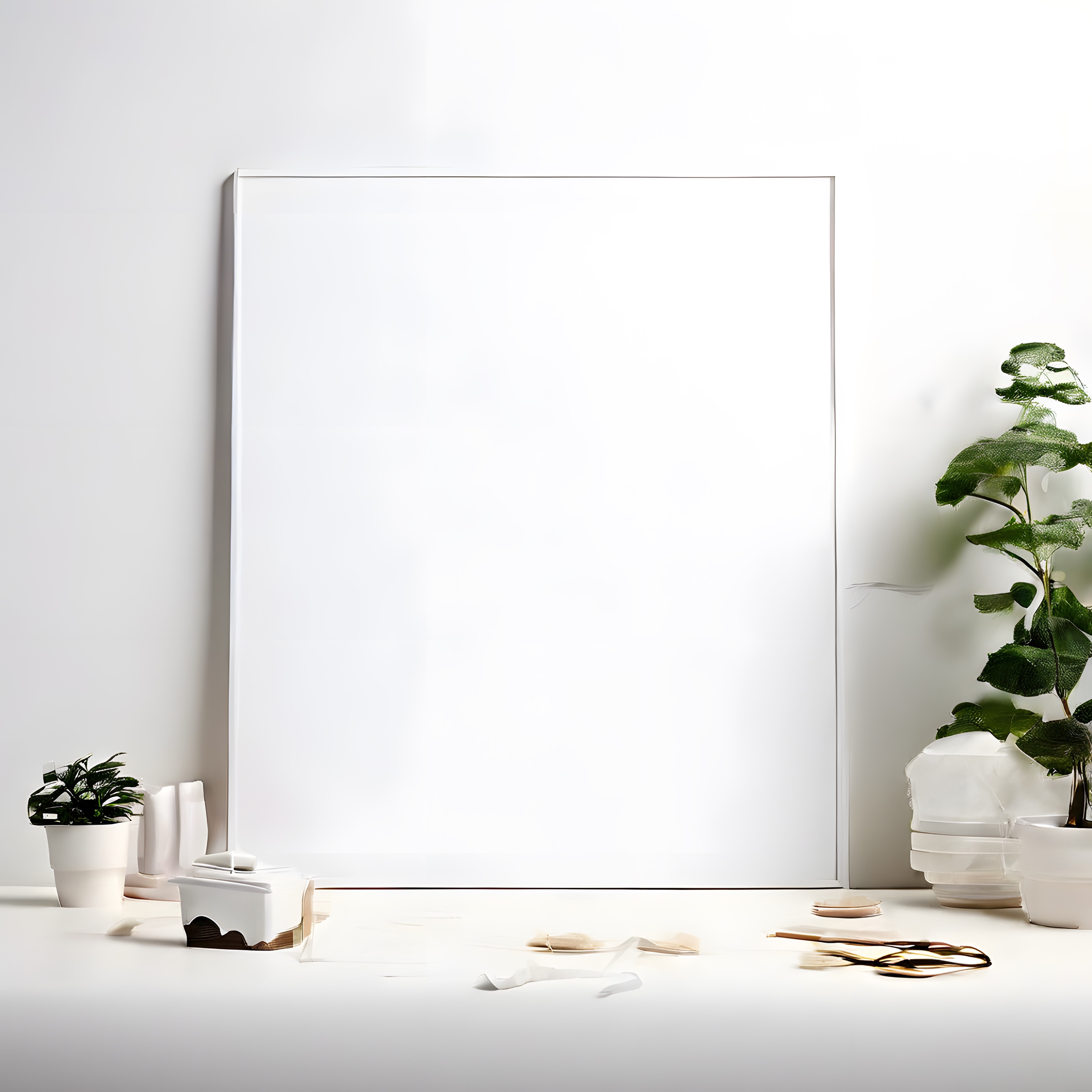 Beyaz Duvar Önünde Boş Çerçeve ve Bitkilerle Minimalist Dekorasyon Alanı