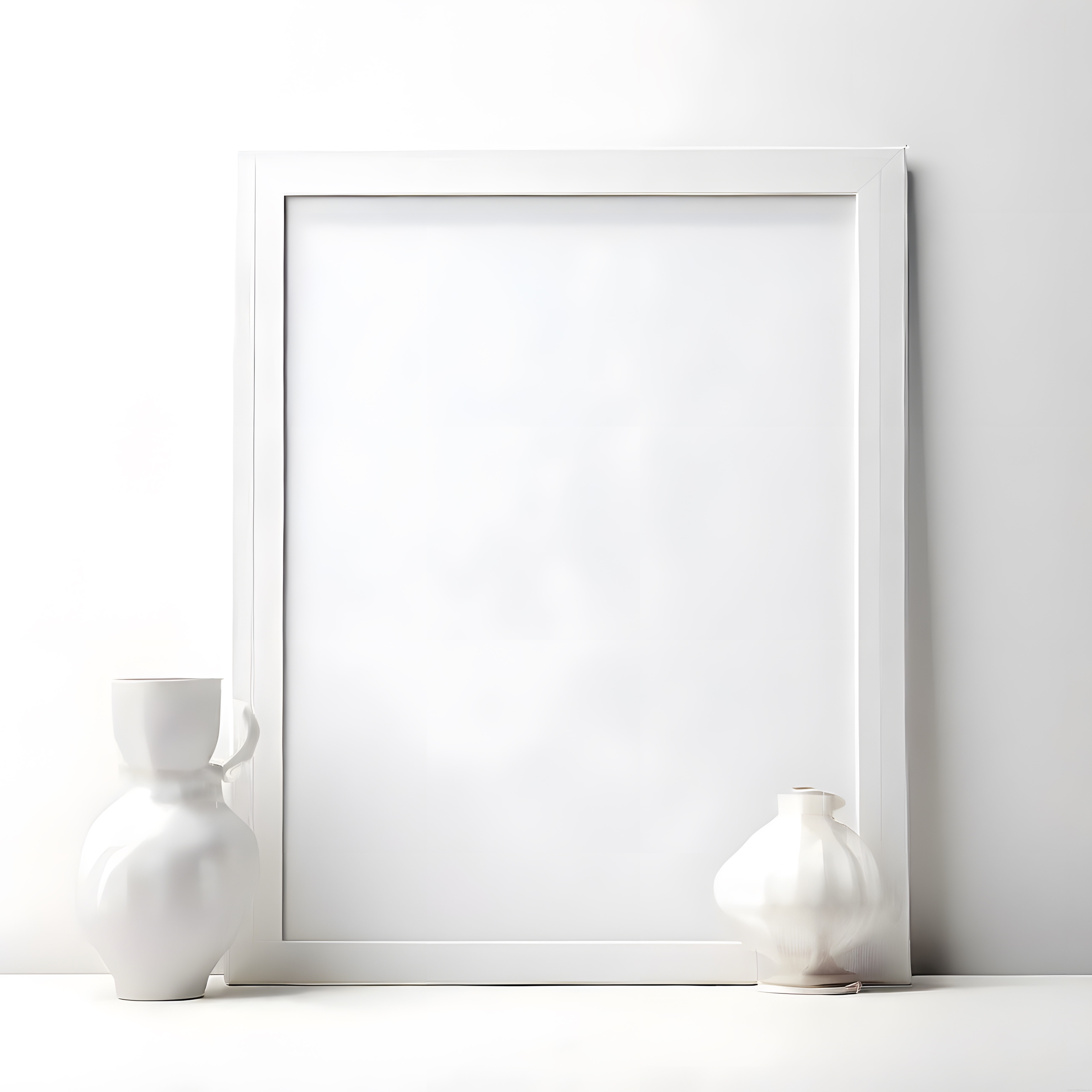 Beyaz duvar önünde boş çerçeve ve seramik vazolarla minimalist dekor