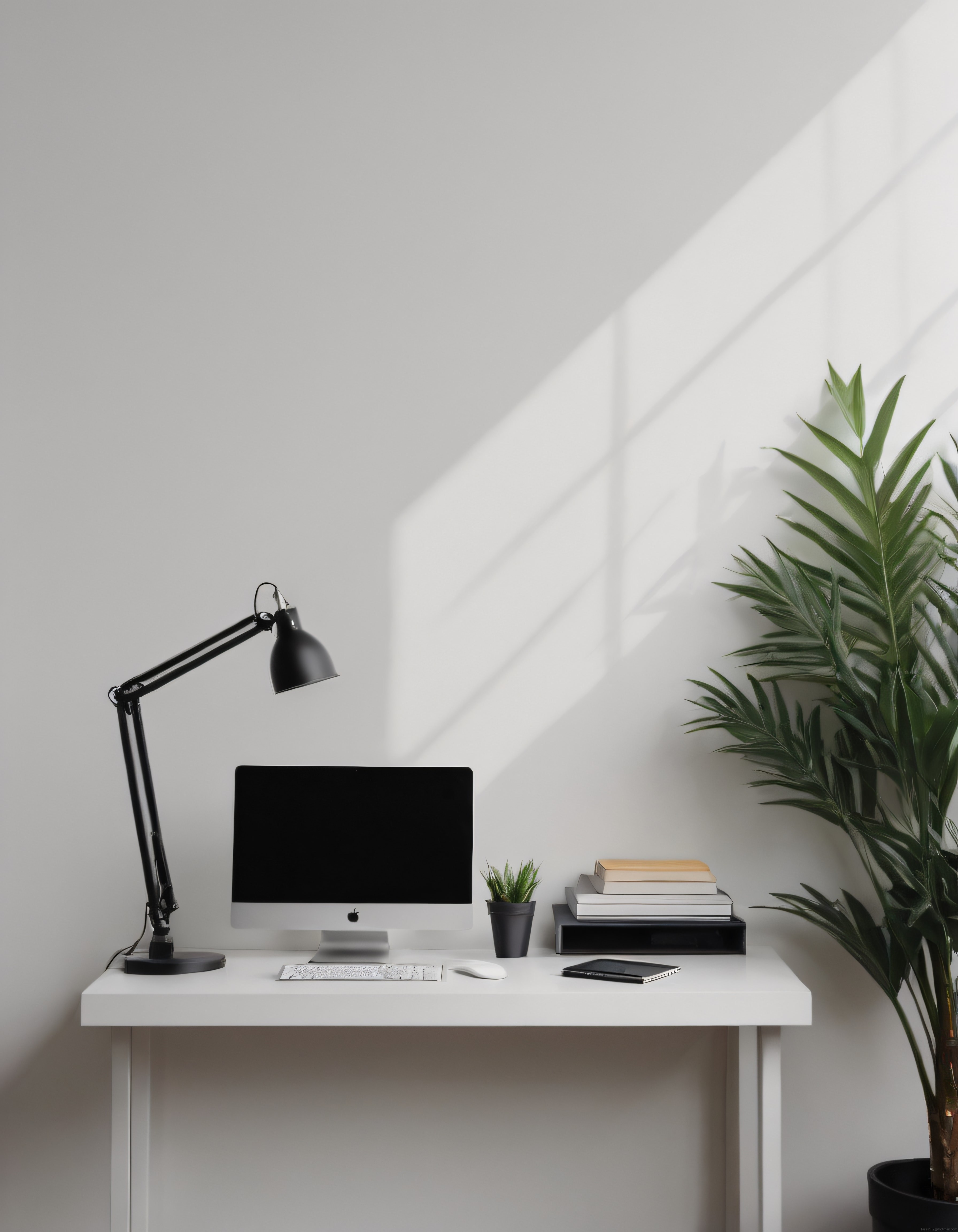 Beyaz Duvar Önünde Minimal ve Ferah Ev Ofis Çalışma Alanı Dekorasyonu