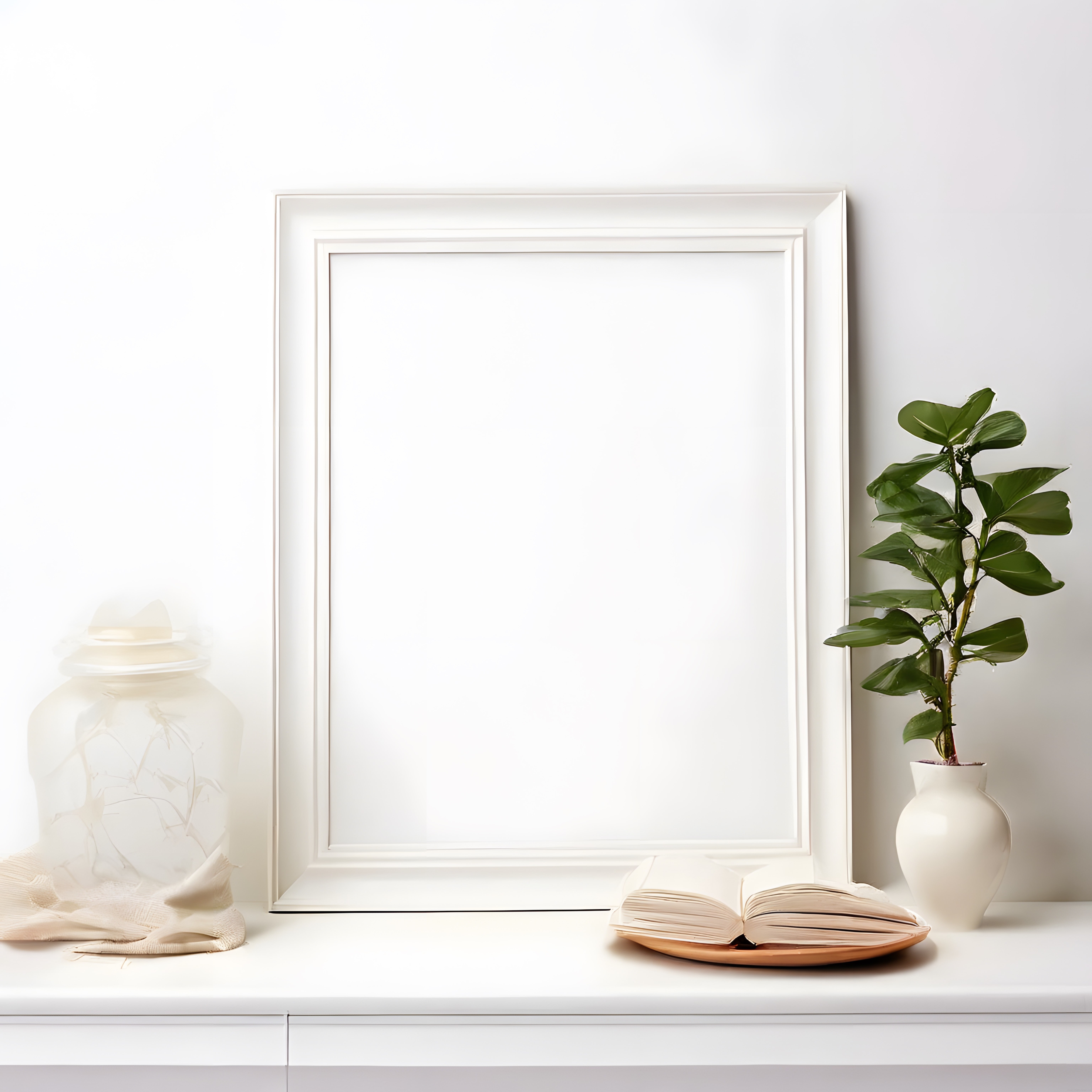 Beyaz Duvar Önünde Minimalist Dekoratif Çerçeve ve Konsol Düzeni